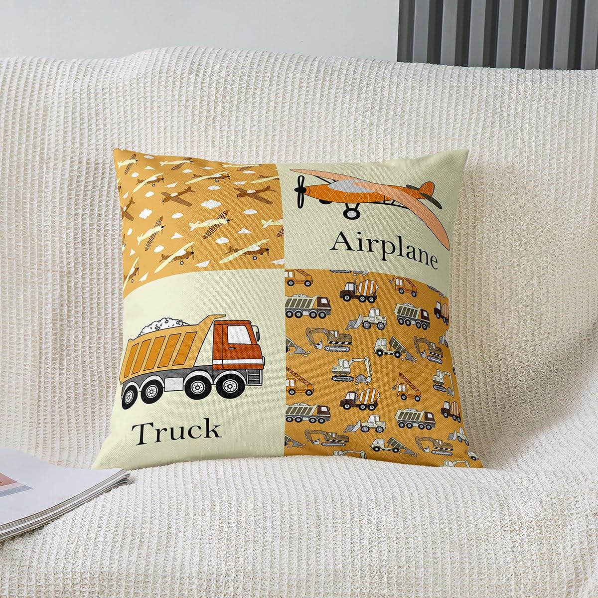 Cartoon Aircraft Truck Throw Pillow Covers 18x18 Inch Set of 2 Watercolor Yellow Plaid Cute Clouds Pillow Cases for Kids Boys Girls Urban Vehicle Airplanes Decor Cushion Covers for Party Office