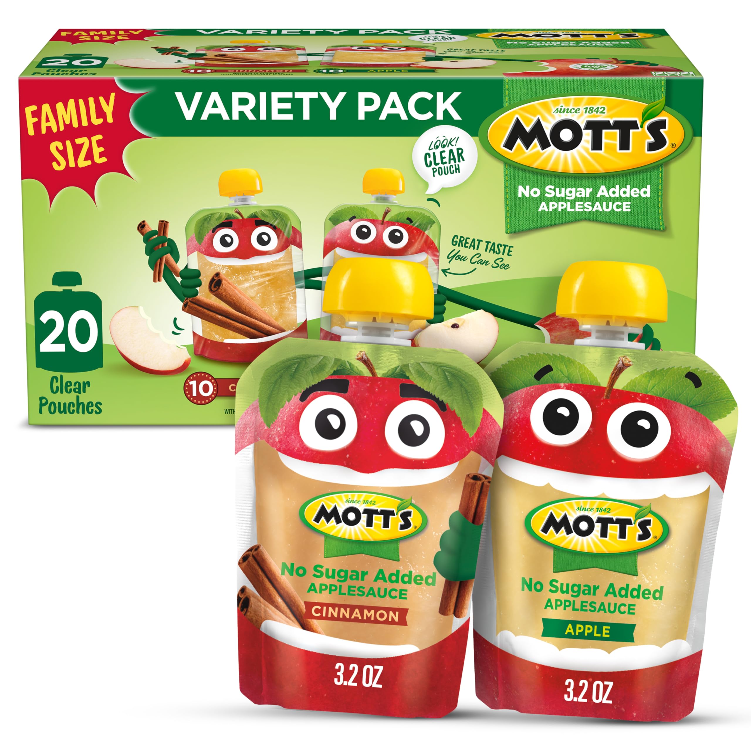 Mott's No Sugar Added Applesauce Variety Pack, Cinnamon and Apple, Made from Real Fruit, No Artificial Flavors, 3.2 Oz Clear Pouches, 20 Pack
