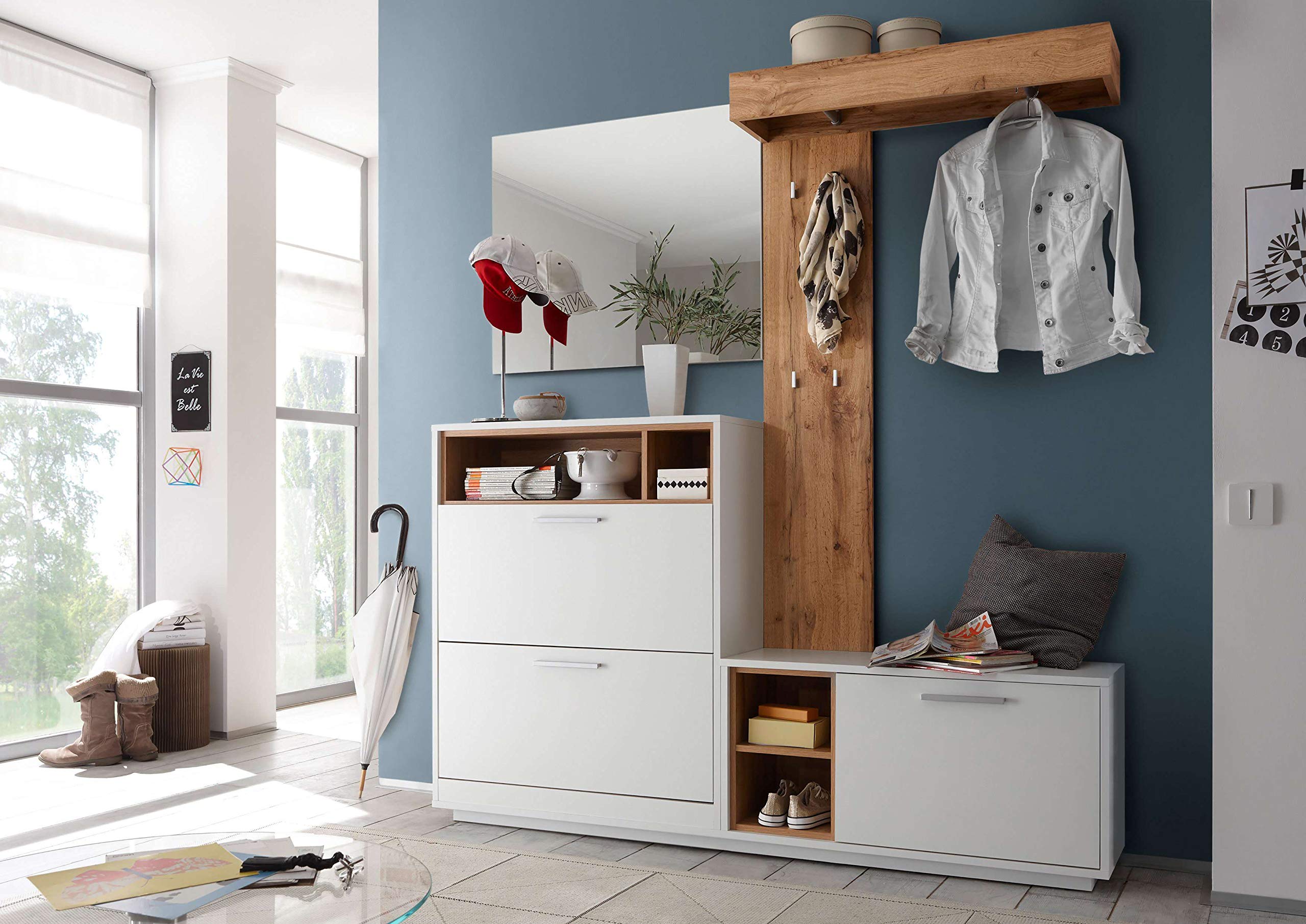 AVANTI TRENDSTORE - Milani - Guardaroba compatto in legno laminato di colore bianco/quercia selvaggia. Ideale per l'ingresso. Dimensioni LAP 177x195x32 cm