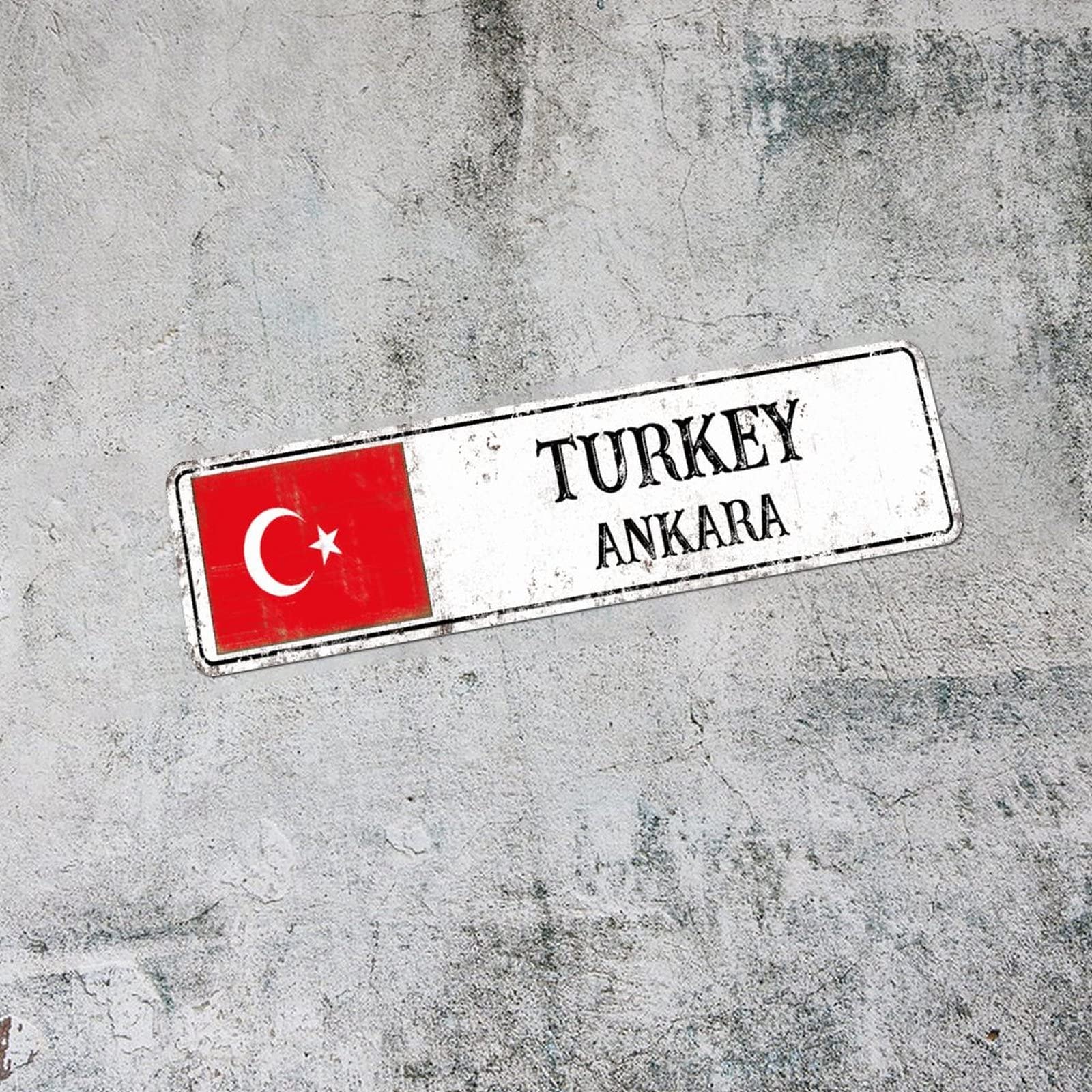Cartello Stradale Decorativo Ankara Turchia Con Bandiera Turca, Targa In Metallo 10x40 Cm Per Parete, Vintage Per Bar E Casa