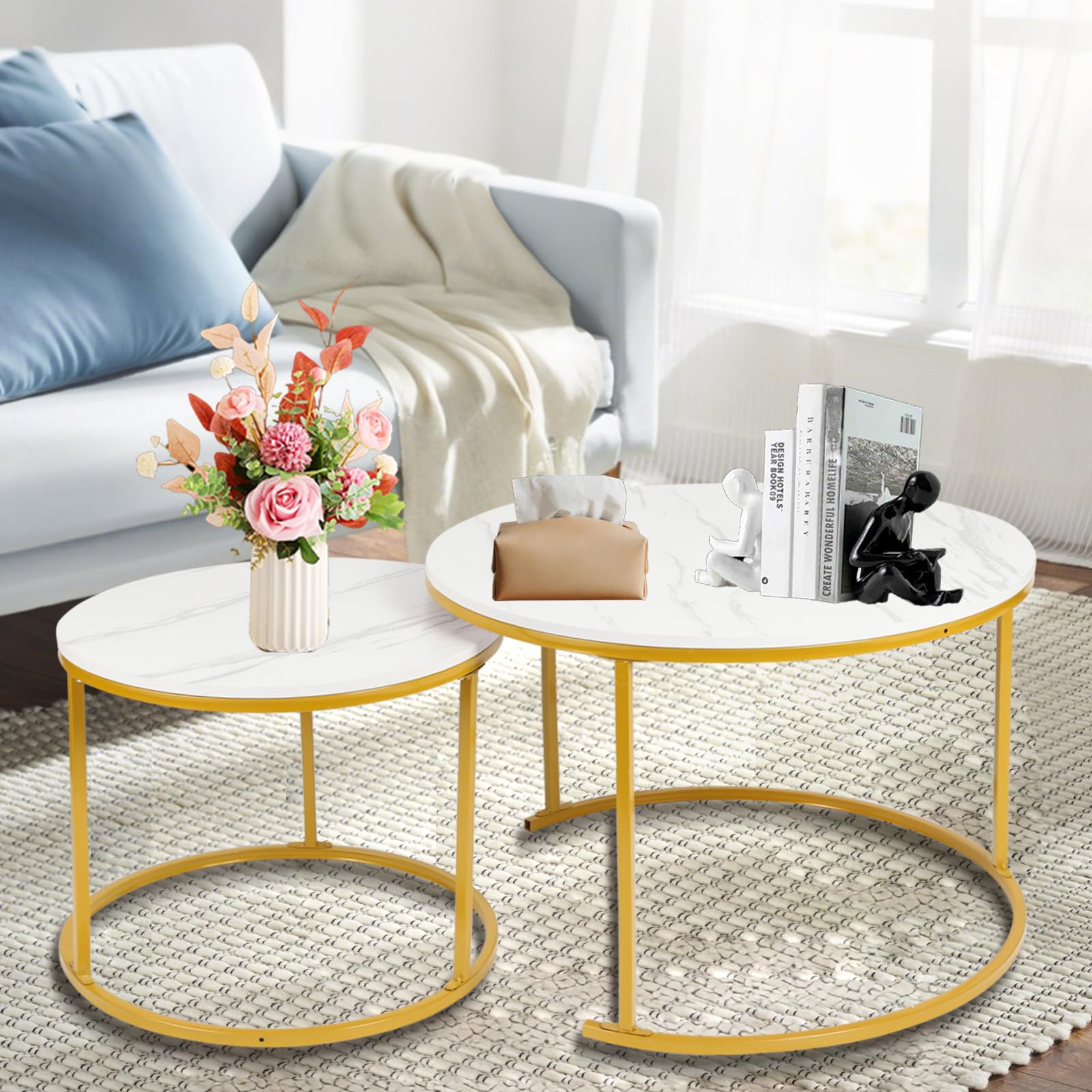 OHMG Set de 2 Tables Gigognes Rondes,Tables Basses,70/50cm,Table d'appoint Ronde,Design Moderne,Table de Salon en marbre,avec Pied en Acier (Blanc+or-70 * 70 * 45cm)