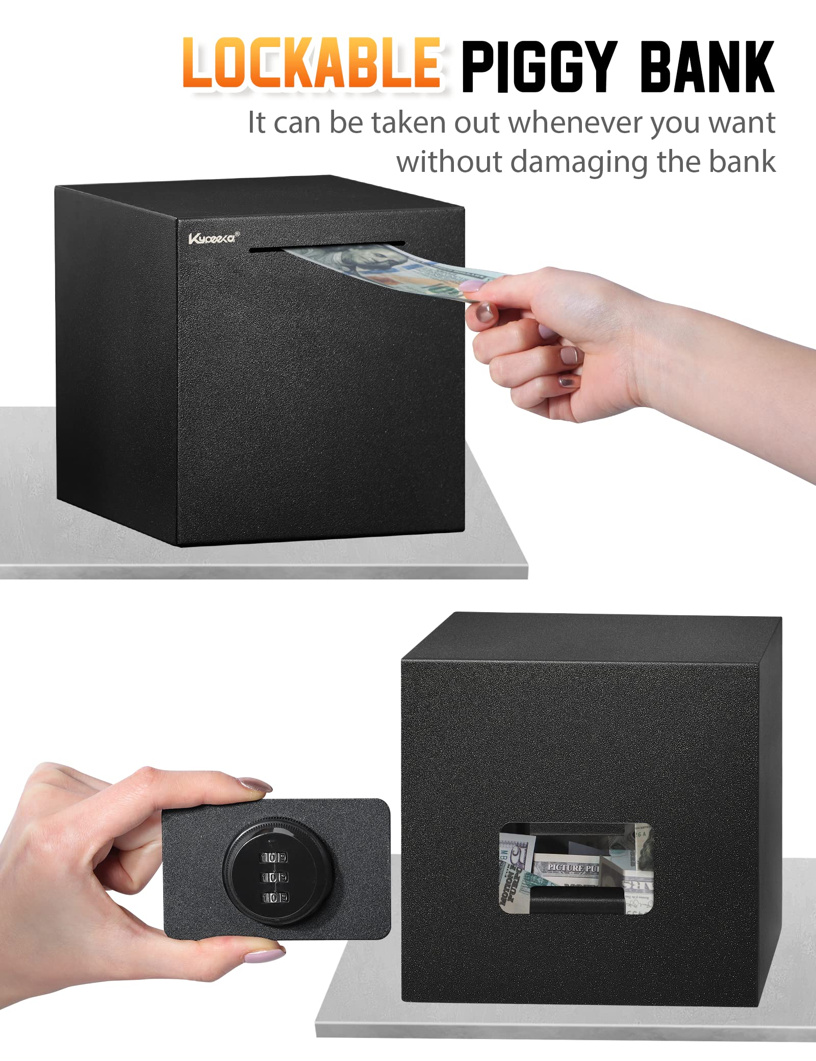 Caja Fuerte de Acero Inoxidable Reutilizable con contraseña | Hucha para adultos, hucha de metal con cerradura de combinación para ahorrar dinero (Negro, 7.9pulgadas)