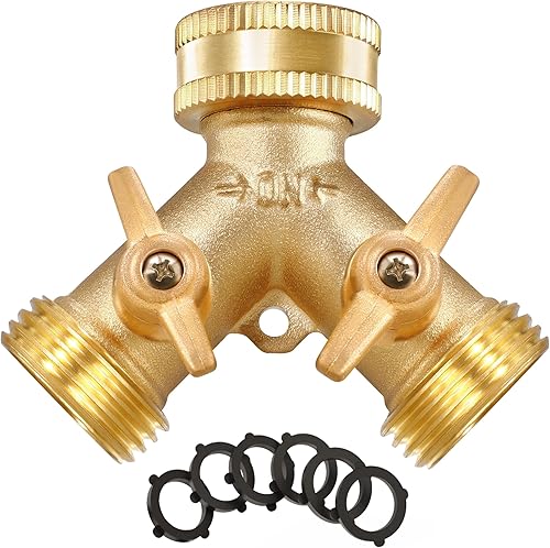 IPOW Divisor de manguera de jardín de 2 vías resistente con asas mejoradas, grifo de agua de latón macizo, manguera divisora en Y, adaptador de