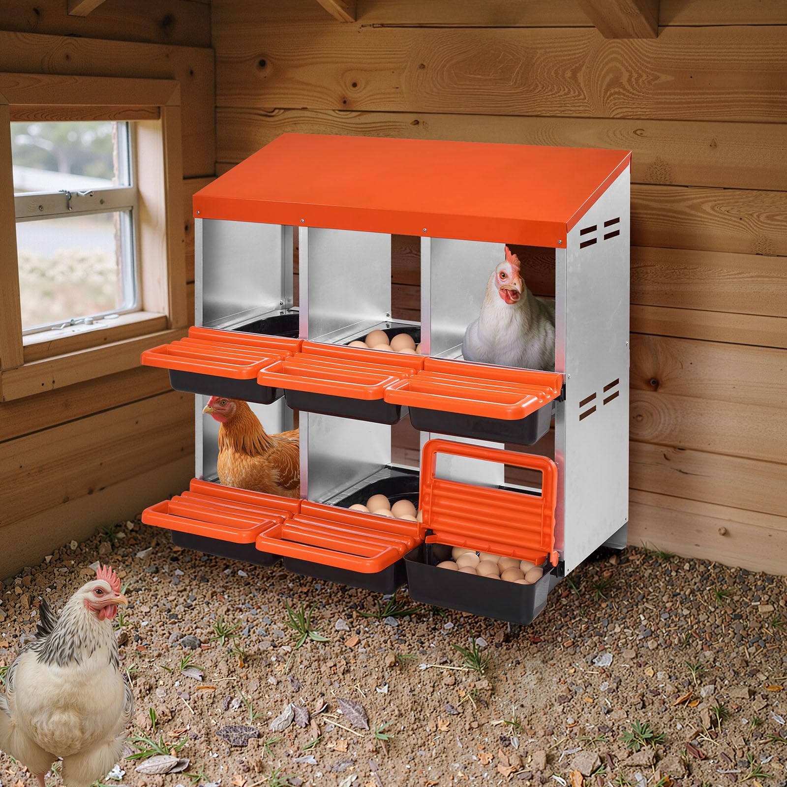 VEVOR Caja Nido para Gallinas 6 Compartimentos, 796 x 525 x 790 mm, Ponederos para Gallinas de Metal con Nidos Inclinados, Plataforma de Descanso Apto para Diferentes Razas de Patos
