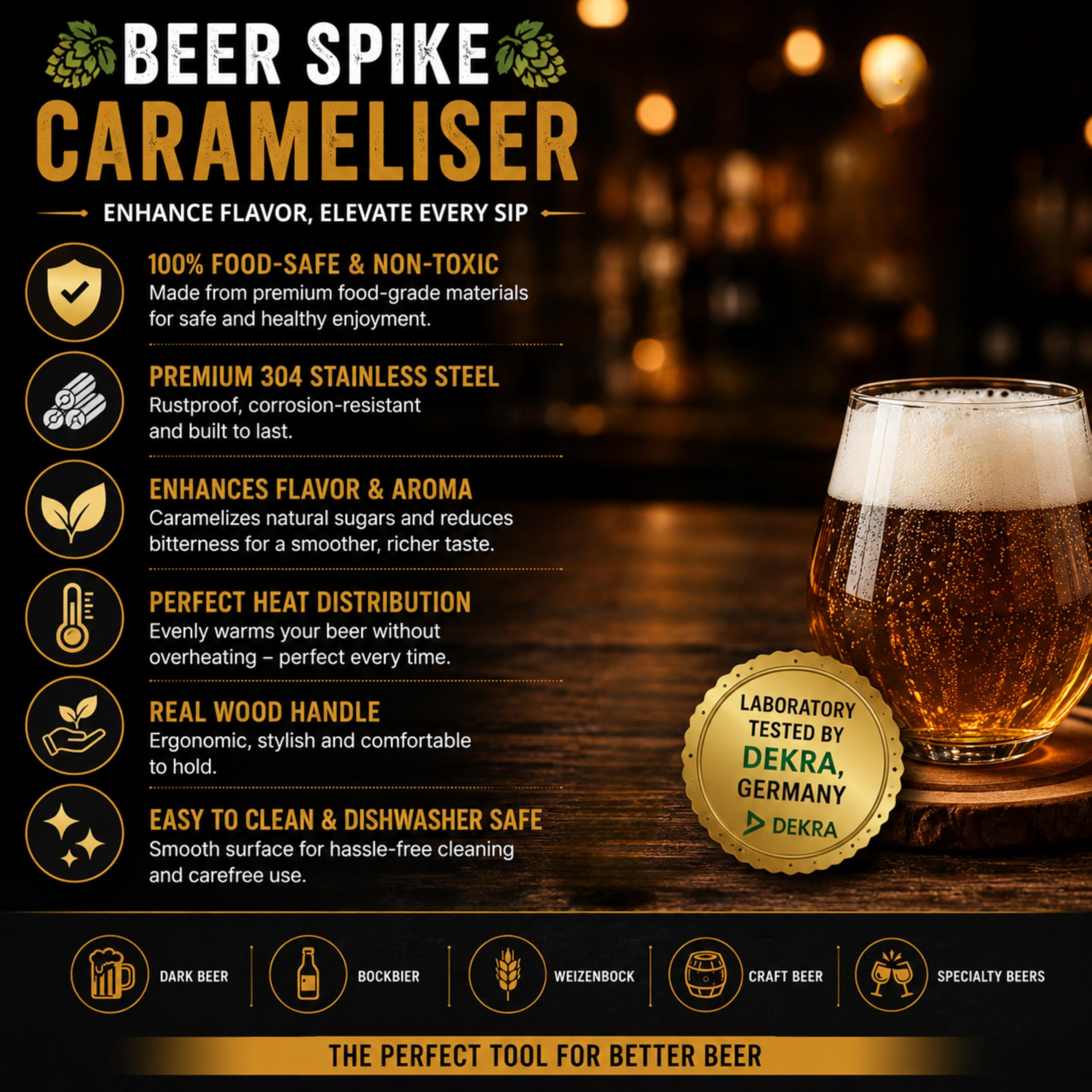 Bierstache Beerspike Beer Caranelizer Beer Caramelizer Podgrzewacz do piwa Rękojeść z prawdziwego drewna, kulka 100% spożywcza i ze stali nierdzewnej general oval shape)
