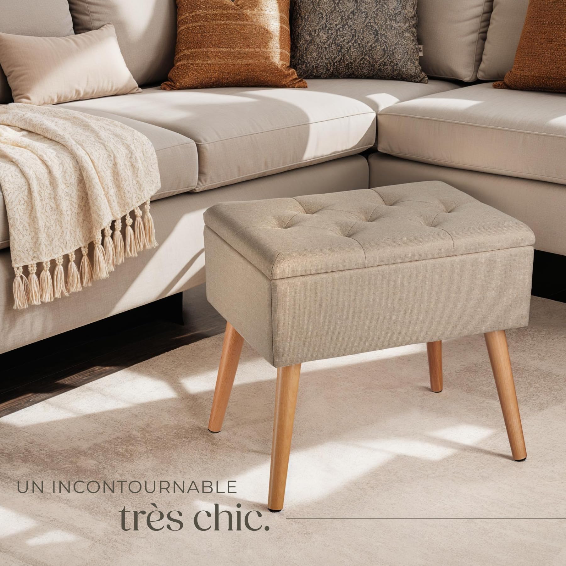 tectake® Banc de Rangement Pliable Bout de lit Aspect Lin Pieds en Bois Banc Entree Pouf Chambre Dressing Chambre Adulte Repose Pied Tabouret Coiffeuse Meuble Salon Maison Coffre a Jouet