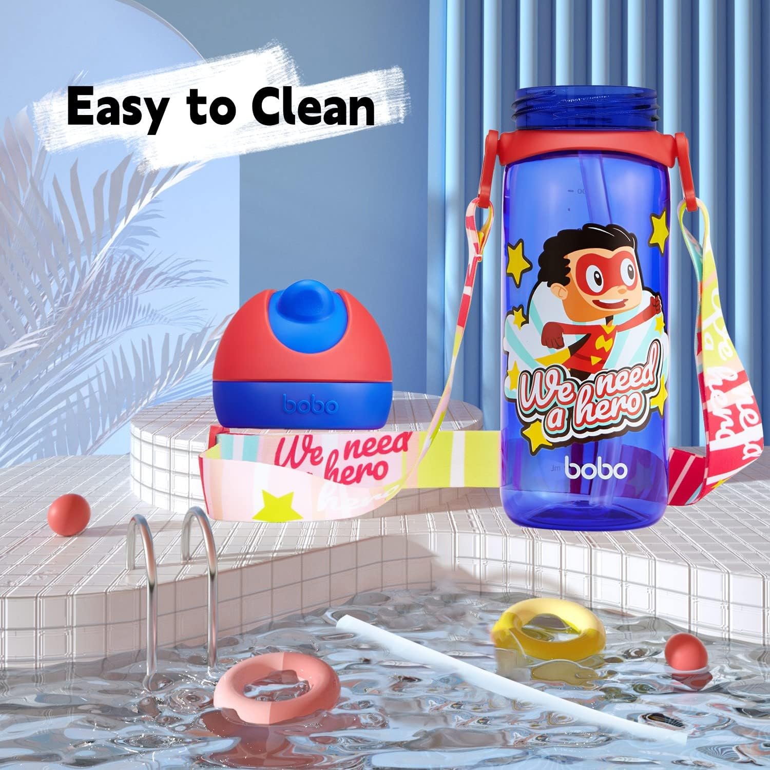 YOHKOH Kids Water Bottle for School with Straw, 13oz Reusable Kids School Water Bottle with Strap, Leak-Proof Portable Sports Water Bottle for Girls Boys BPA-free (Blue-1) - Image 6