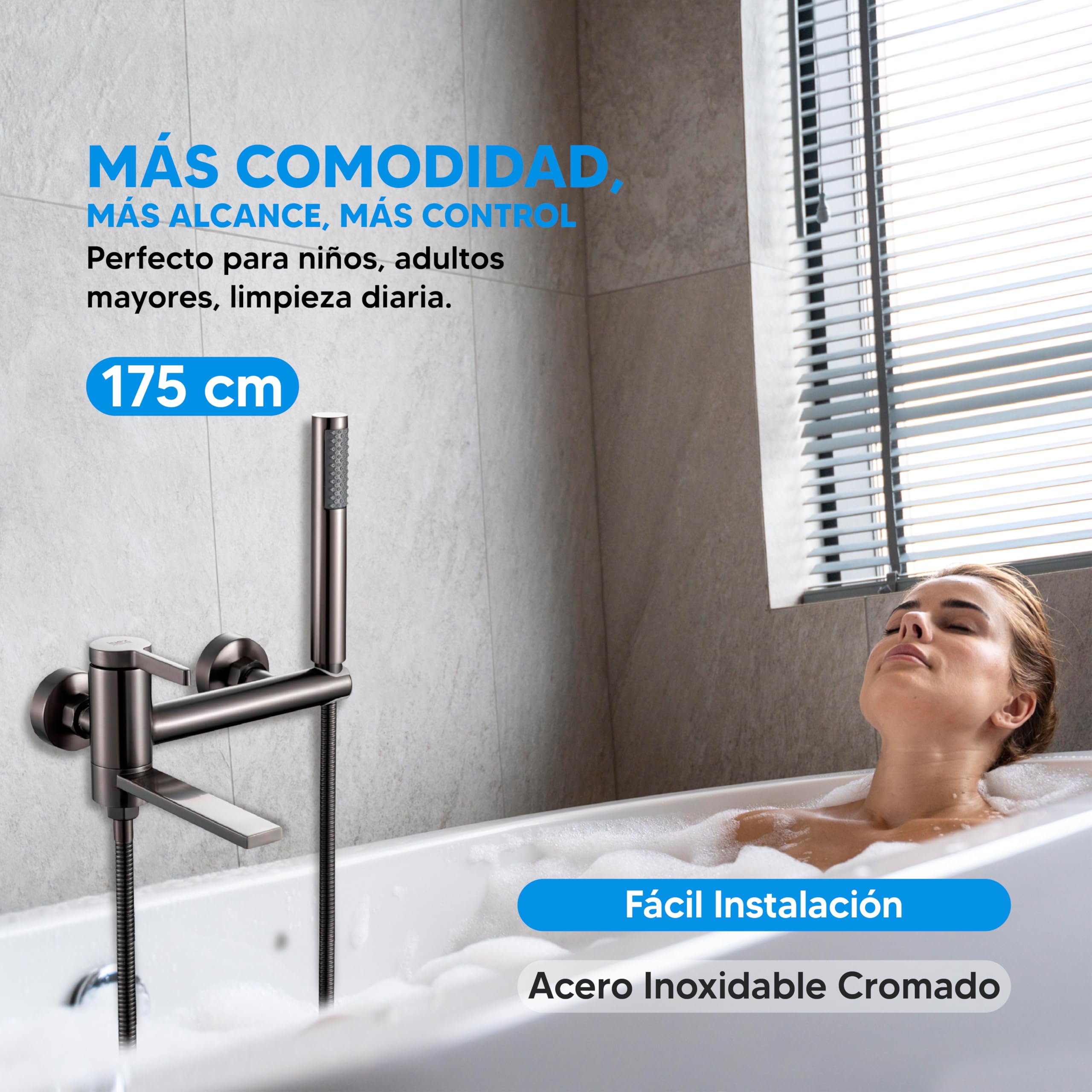 INEX EUROPA Grifo Bañera Ducha de Acero Inoxidable - Grifo de Baño con Teléfono de Mano y Manguera 175cm - Grifo Monomando Alta Presión Ahorro de Agua - Instalación Fácil y Ajustable (Gris)