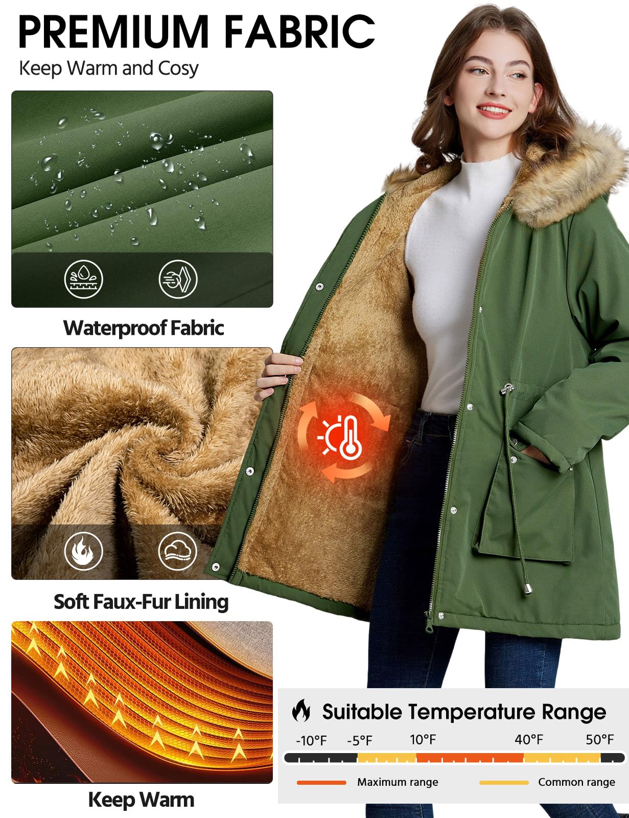 Xnova Abrigos Parka Mujer Invierno de Forro Polar Chaquetas Impermeable Largo Chaquetones Termica de Cremallera con Capucha de Pelo Sintetico Cazadora Cálido Gruesa