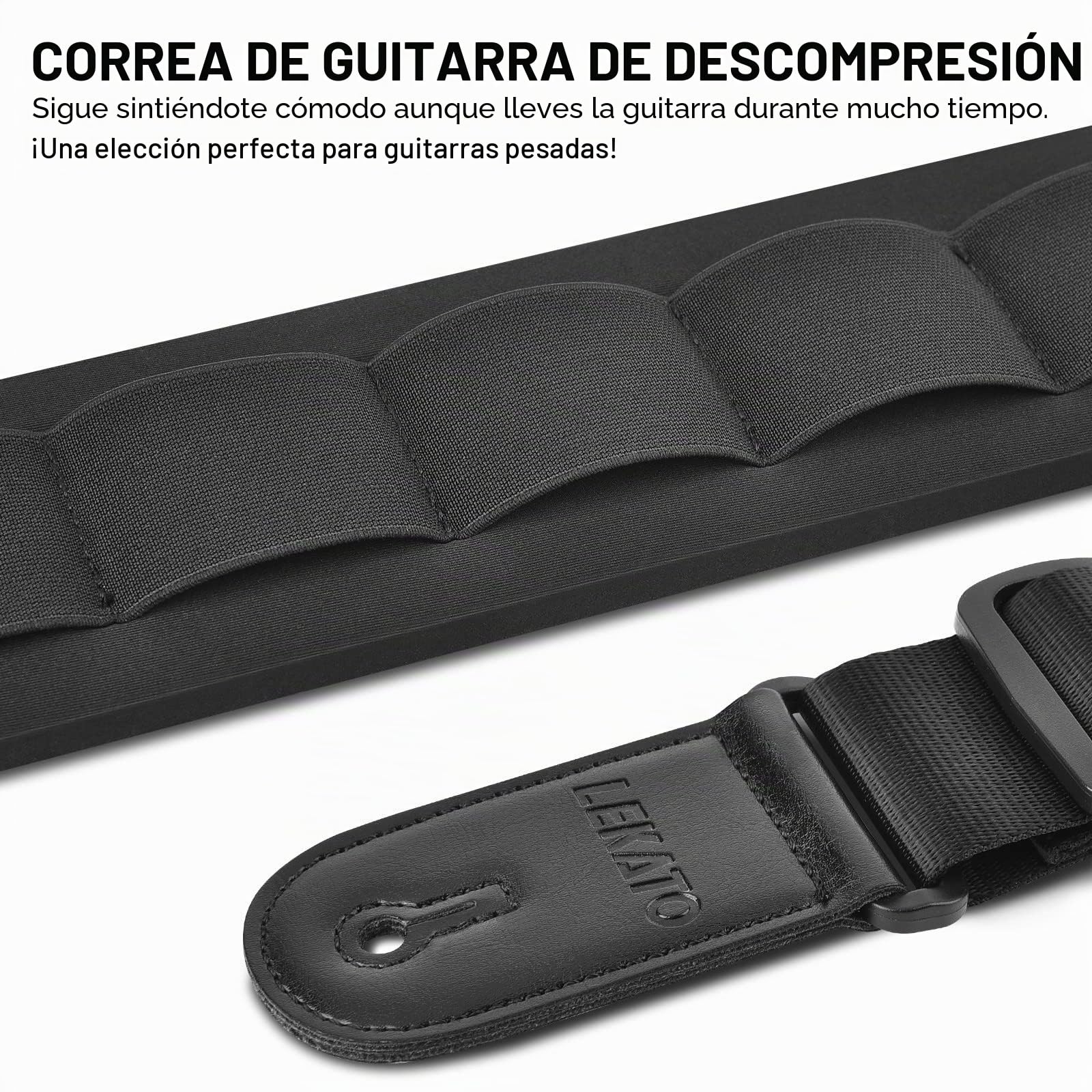 LEKATO Correa de guitarra acolchada de algodón con extremos de cuero genuino correas ajustables para guitarra baja eléctrica con 6 púas de guitarra 2 cerraduras de correa