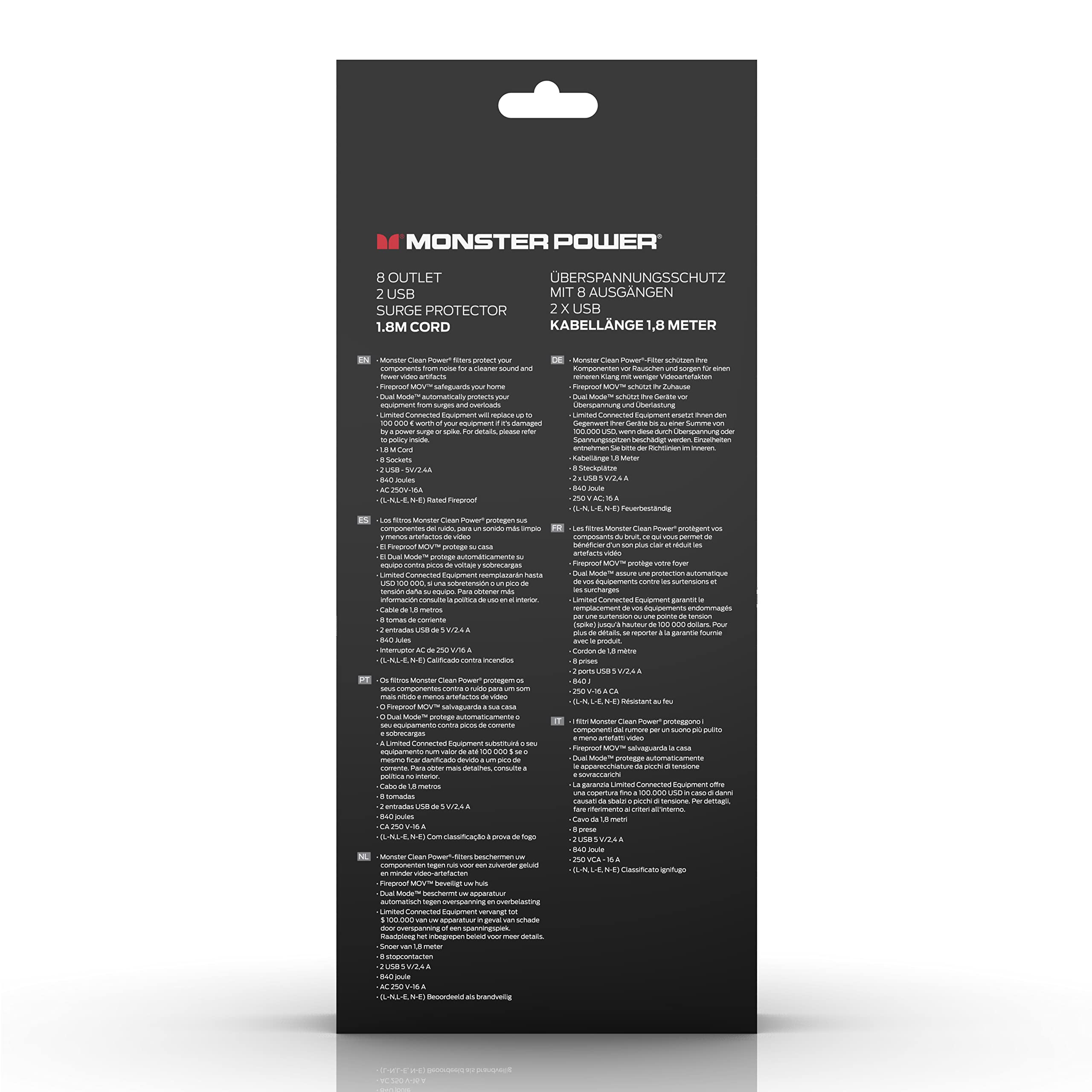 Monster - Multiprise - 8 Prises + 2 USB avec Interrupteur - 1,8 m - Noir
