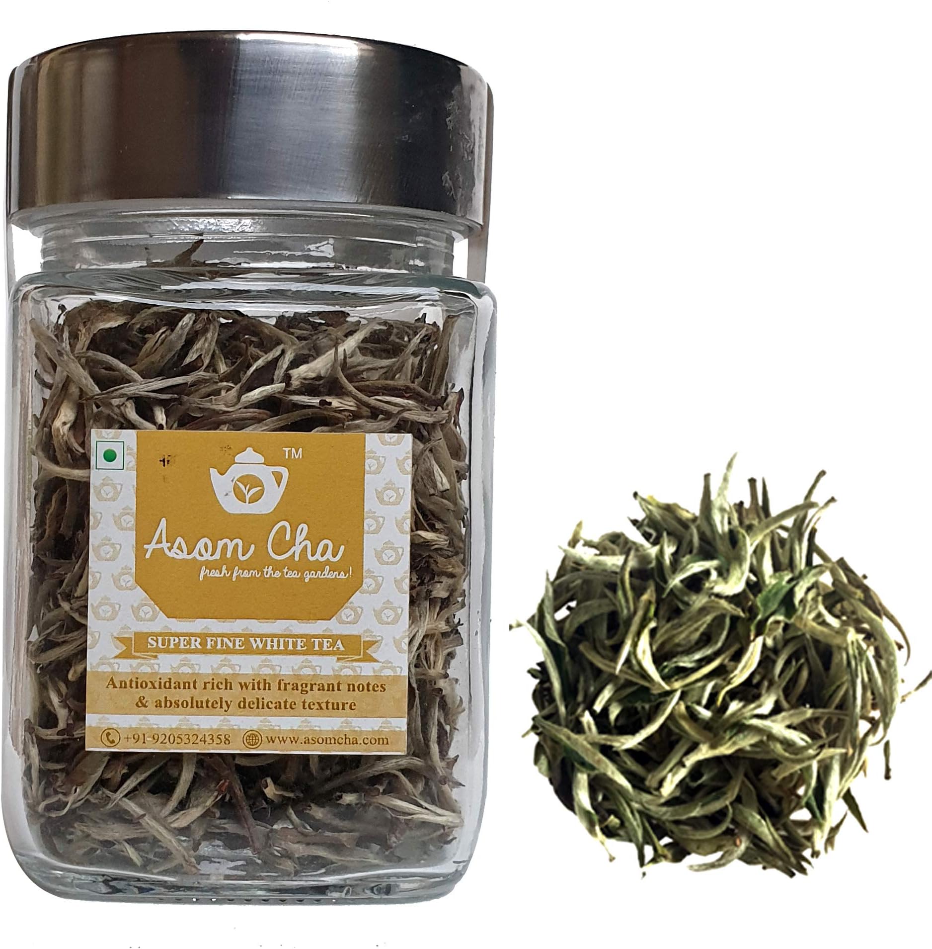 Asom Cha SuperFine White Tea | Silver Needle White Tea | 30g in a glass jar | Whole Leaf Premium Grade Tea | Antioxidant powerhouse