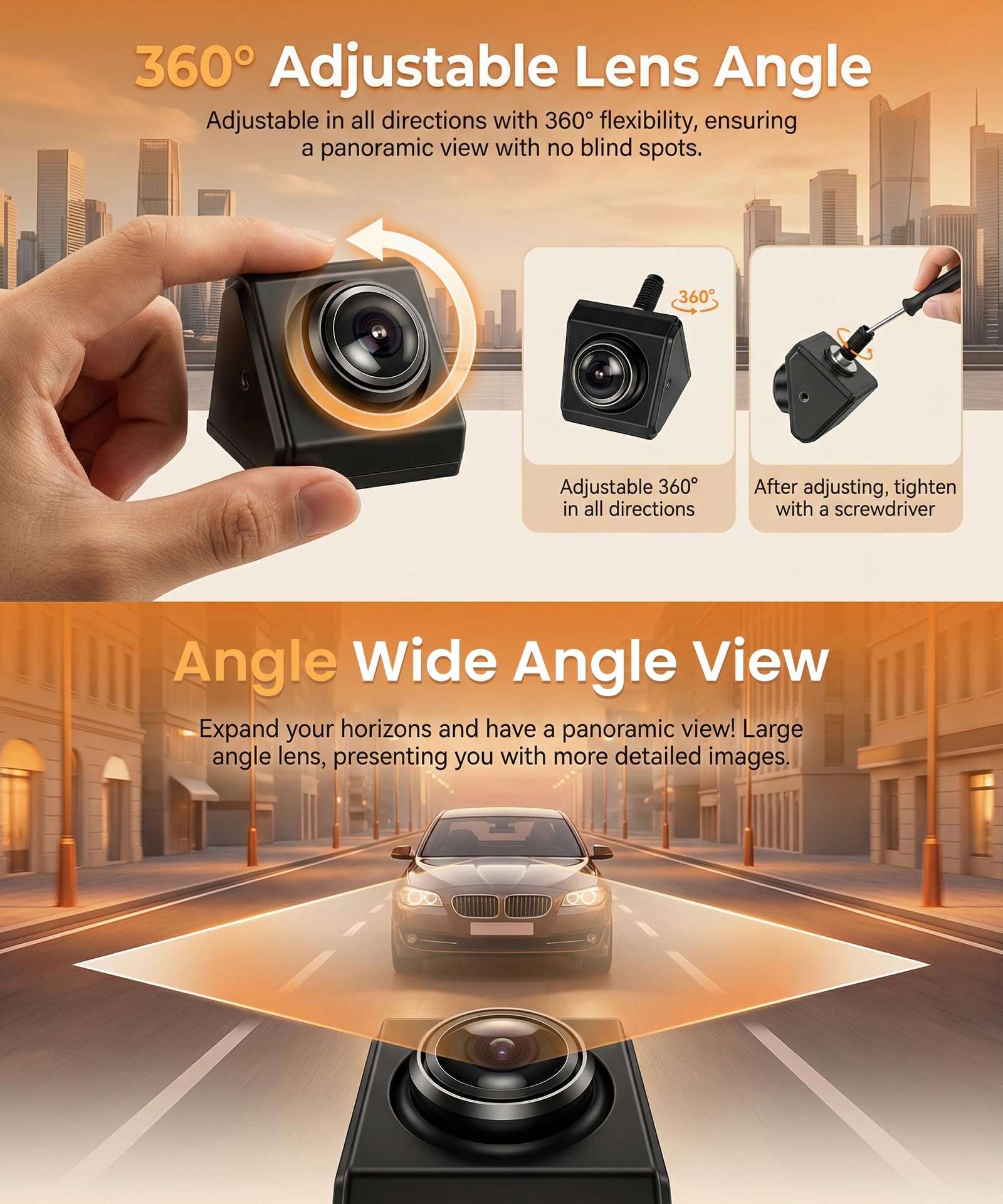 VECHTEL Monitor per auto HD 5'' con Telecamera Orientabile, Kit Telecamera Posteriore con Impermeabile IP68 Visione Notturna Supergrandangolo Linea di Retromarcia, Cavo da 8M, 12-24V per Berline SUV