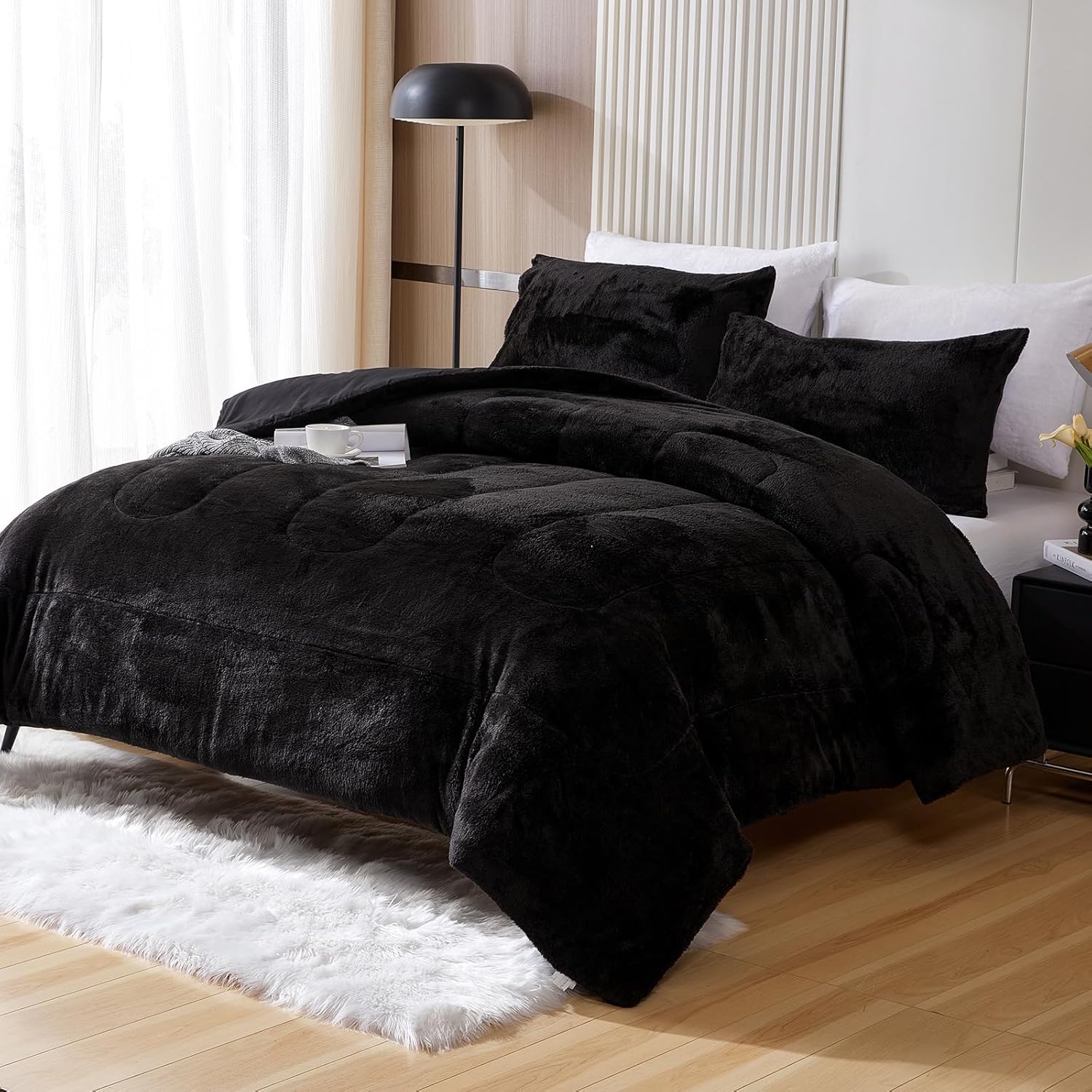 yiyea faux fur comforter set king size, luxury ultra soft fuzzy comforter, fluffy plush shaggy bedding comforter sets for fall and winter, cozy warmth, no shedding, 3pc, black black king