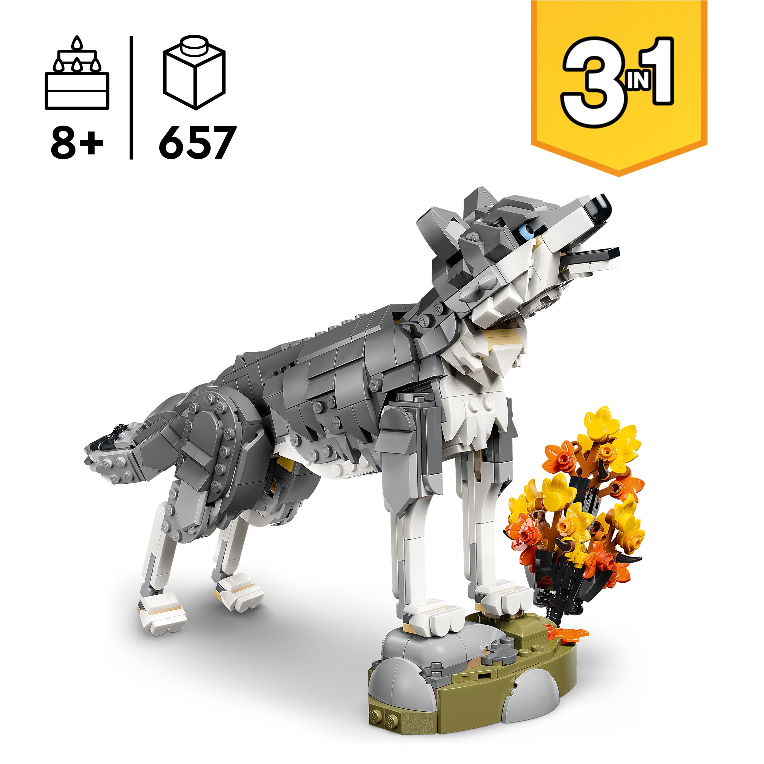 LEGO Creator 3 in 1 Animali della Foresta: Lupo Grigio - Animale Giocattolo Trasformabile in Falco o Procione - Decorazione Cameretta - Regalo di Compleanno per Bambine e Bambini da 8 Anni - 31393