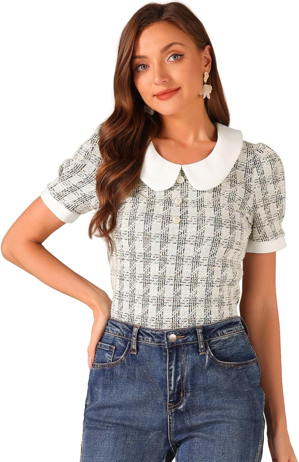 Allegra K Halloween Peter Pan Collar Blouse for Women's Button Decor Vintage Tweed Top Shirt