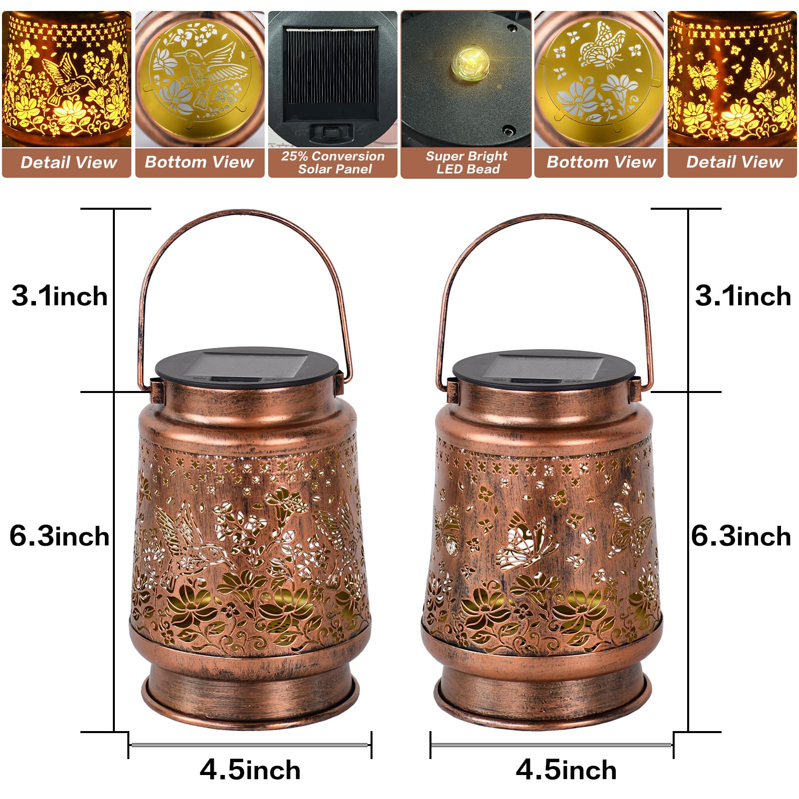 SyouHome Lot de 2 lanternes solaires d'extérieur en métal étanche IP65 pour terrasse, pelouse, balcon, cour, décoration de jardin