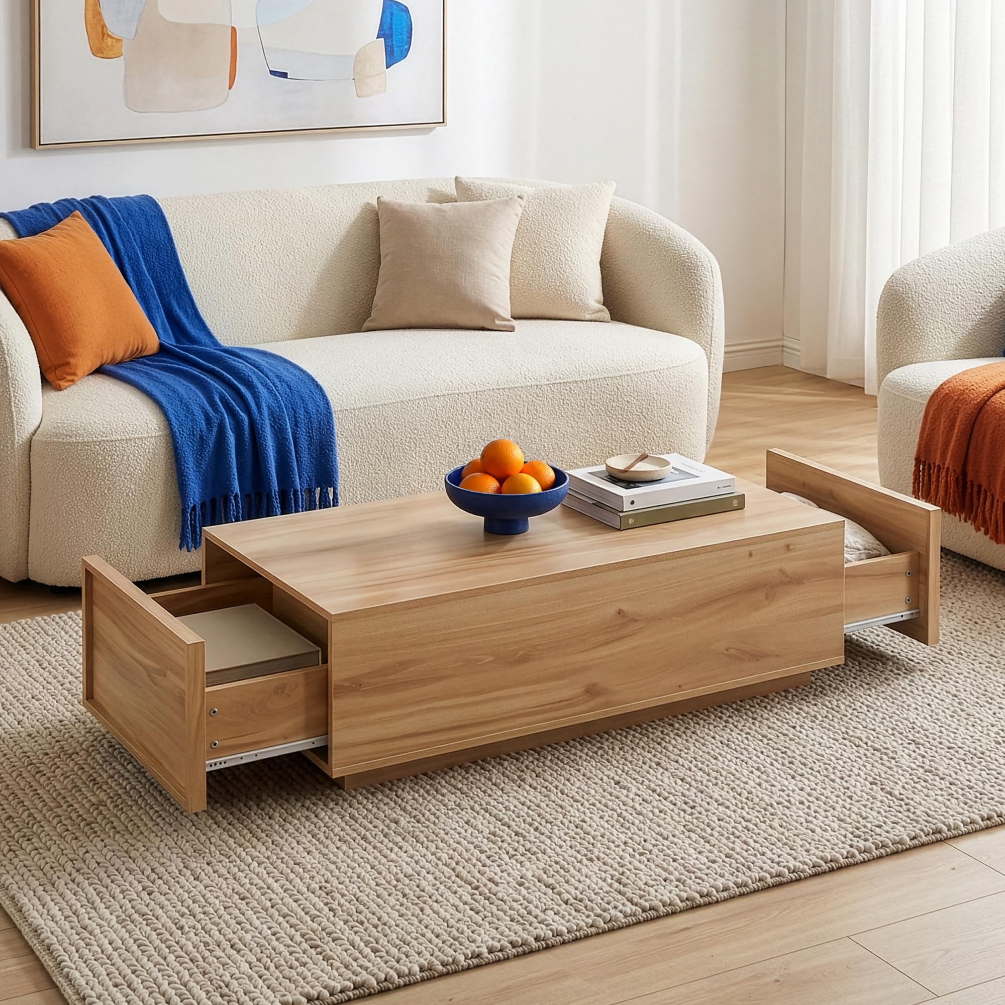 [en.casa] Table Basse Style Intemporel avec Plateau Rectangulaire et 2 Tiroirs Rangement Pratique Excellente Stabilité pour Salon Chambre Bureau MDF 104 x 50 x 40 cm Effet Chêne