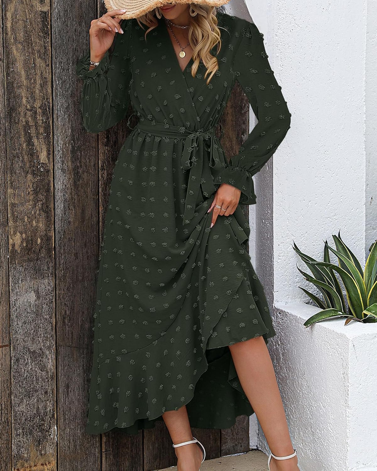 BTFBM Long Sleeve Maxi Dresses for Women Swiss Dot Boho Flowy Slit Cocktail Wedding Guest Dress Spring Clothes 2026 - Image 5