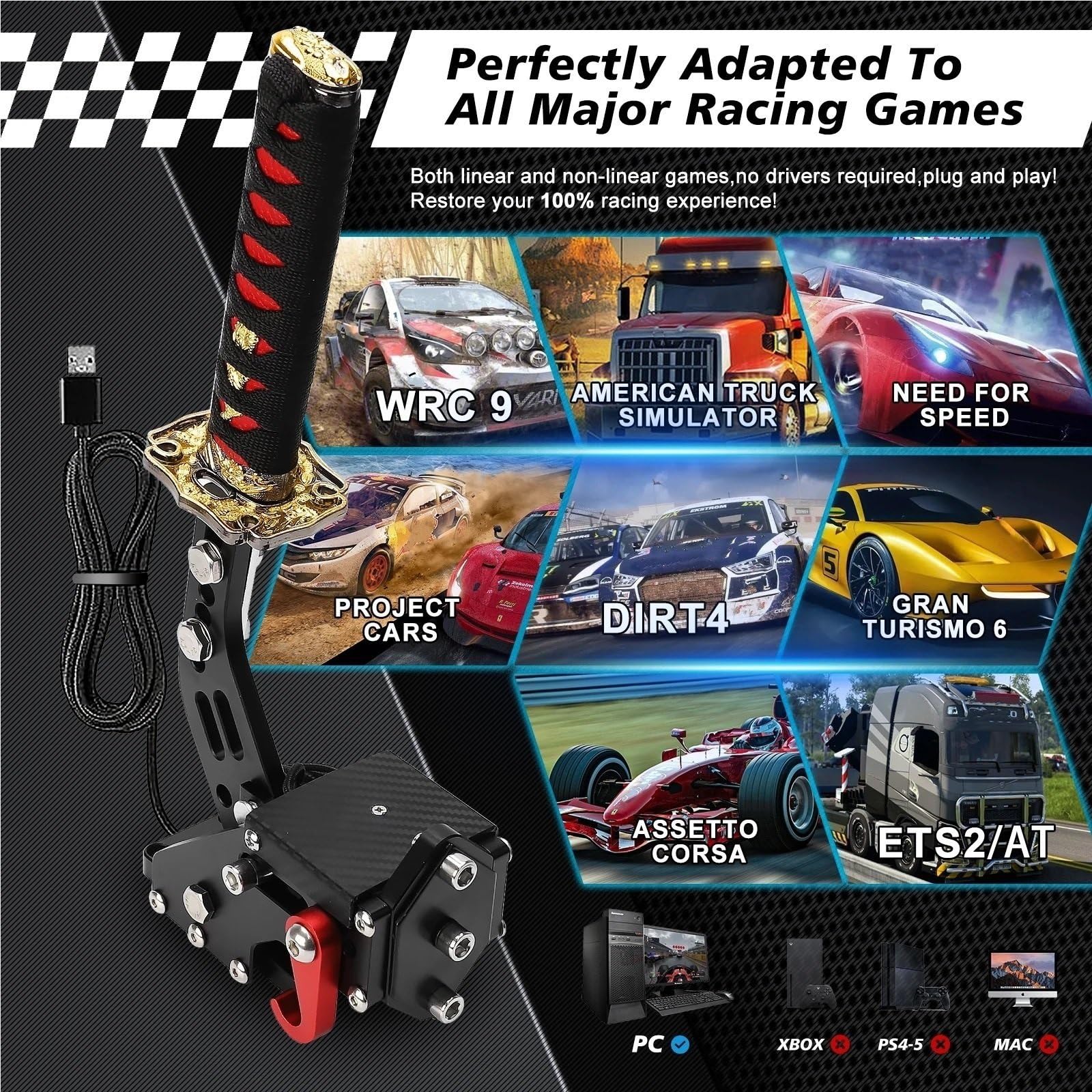 dźwignią zmiany biegów 15CM PC-USB Katana Handbrake Square Plate Samurai Sword Peripheral PC SIM Racing Game dla G25/27/29 T300 T500