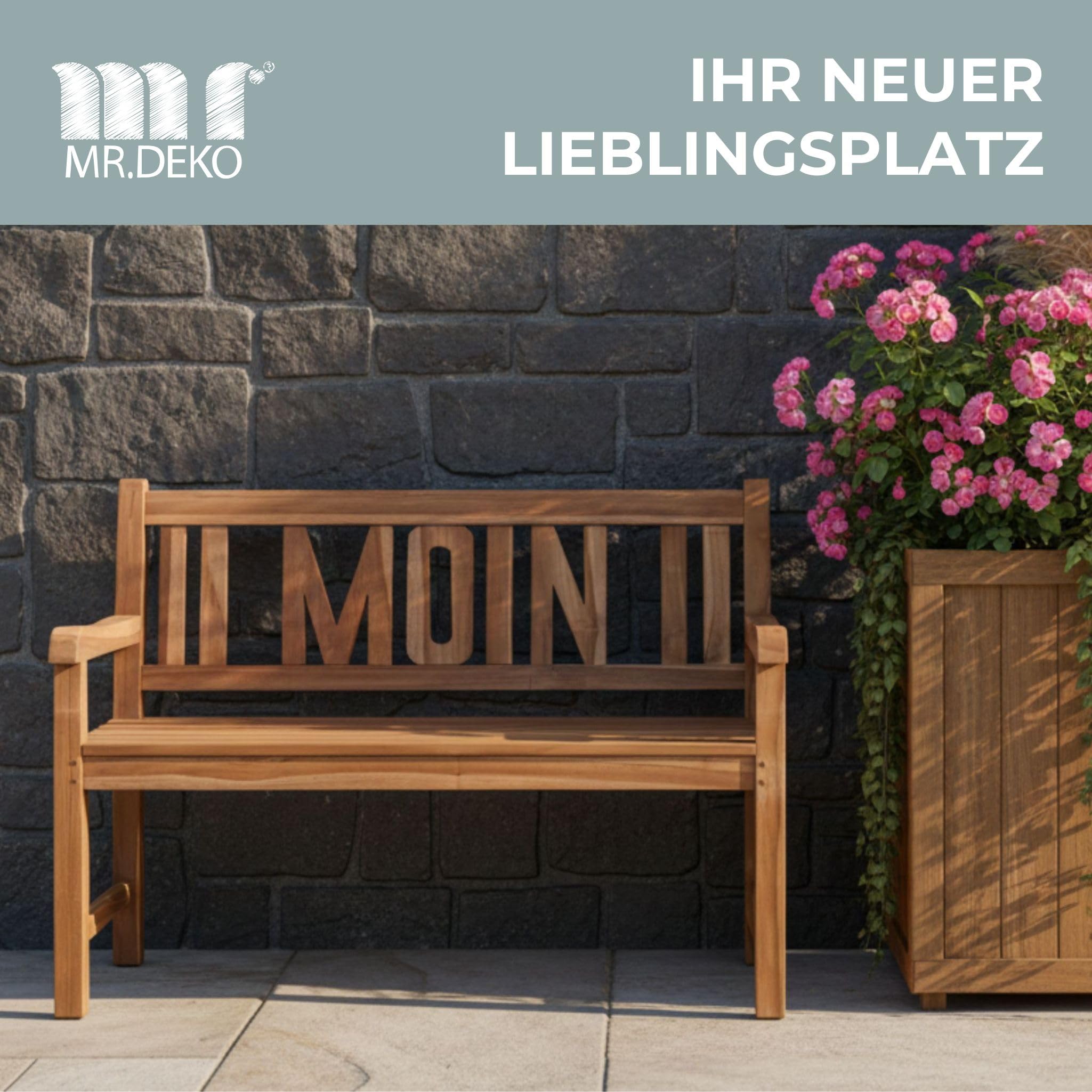 MR. DEKO Gartenbank wetterfest Sitzbank Outdoor Teak Balkon Bank Motiv Moin | Holz 2-Sitzer 120x60x94cm