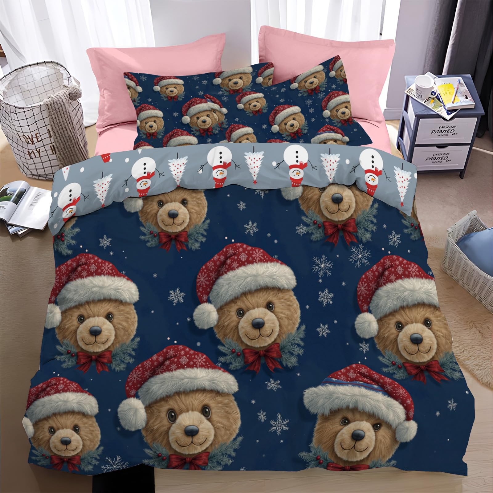 Housse de couette Noël motif père Noël et ours en peluche bleu marine magique