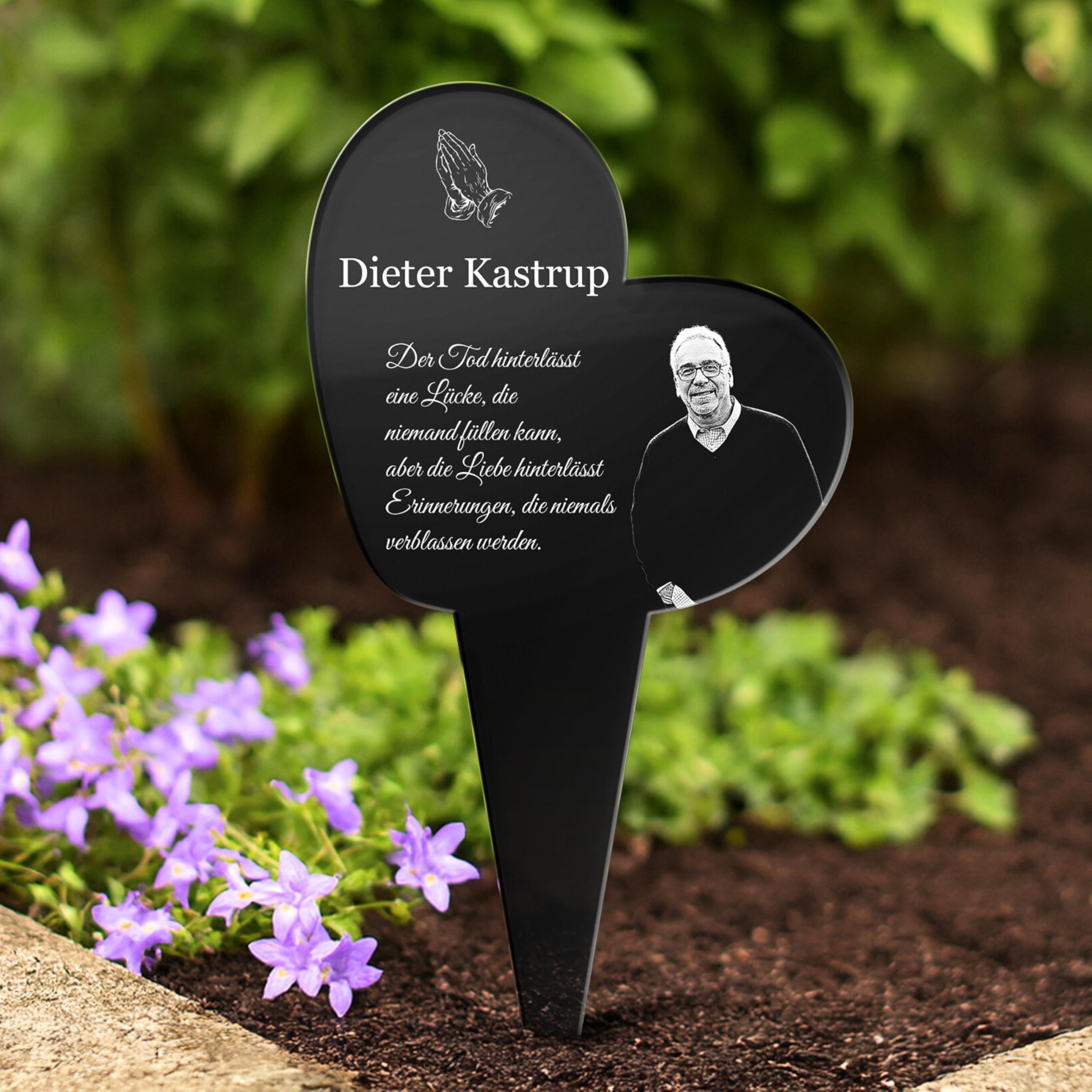CHRISCK design Gedenktafel mit Gravur Fotogravur - Grabstein für verstorbene Menschen Herz stehend - Grabschmuck graviert für Hunde & Katzen - Grabplatte im Kerzenschein Leuchtend - Gedenkstandbilder