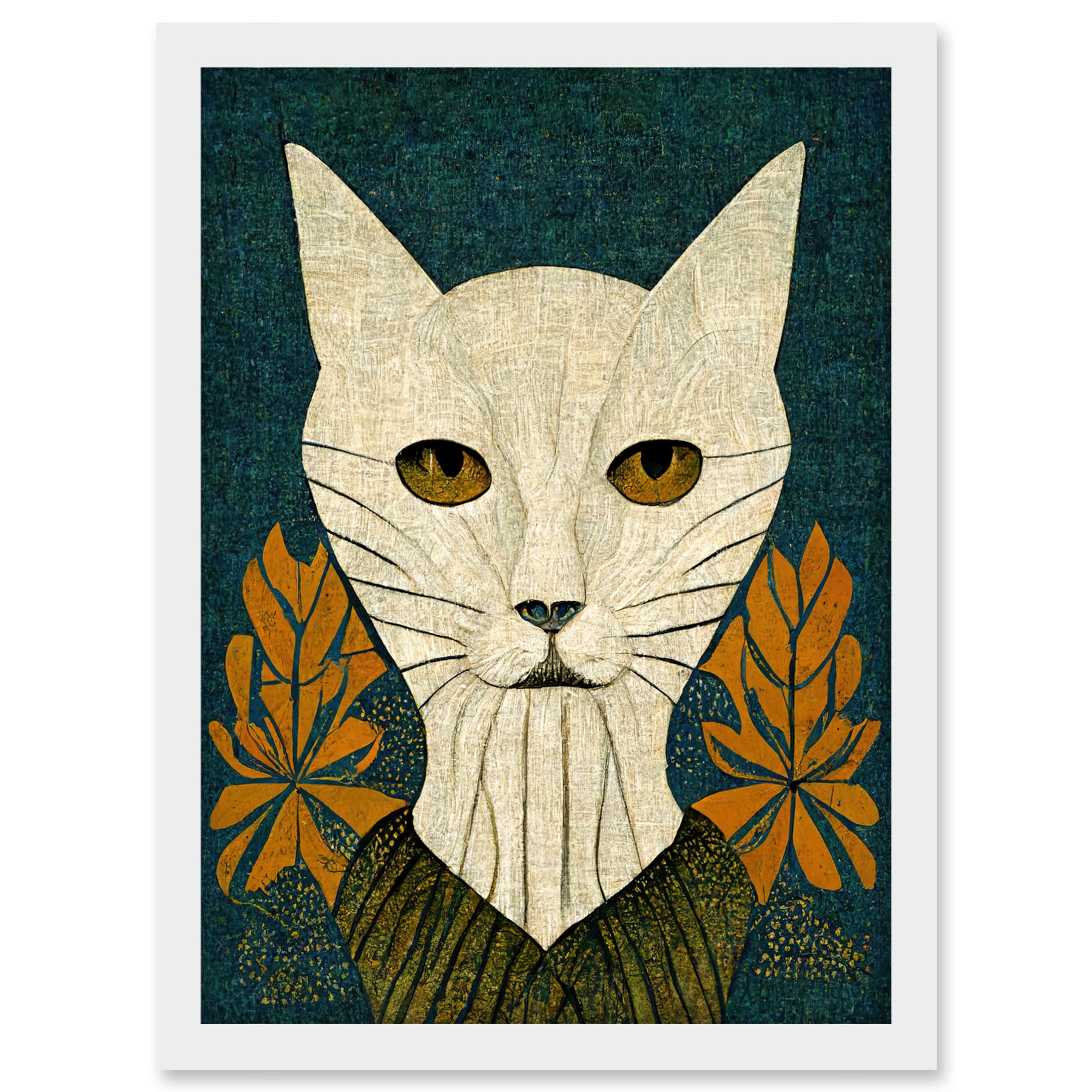 Doppelganger33 LTD Elegant Cat Illustration William Morris Style Teal Mustard Artwork Framed A3 Wall Art Print