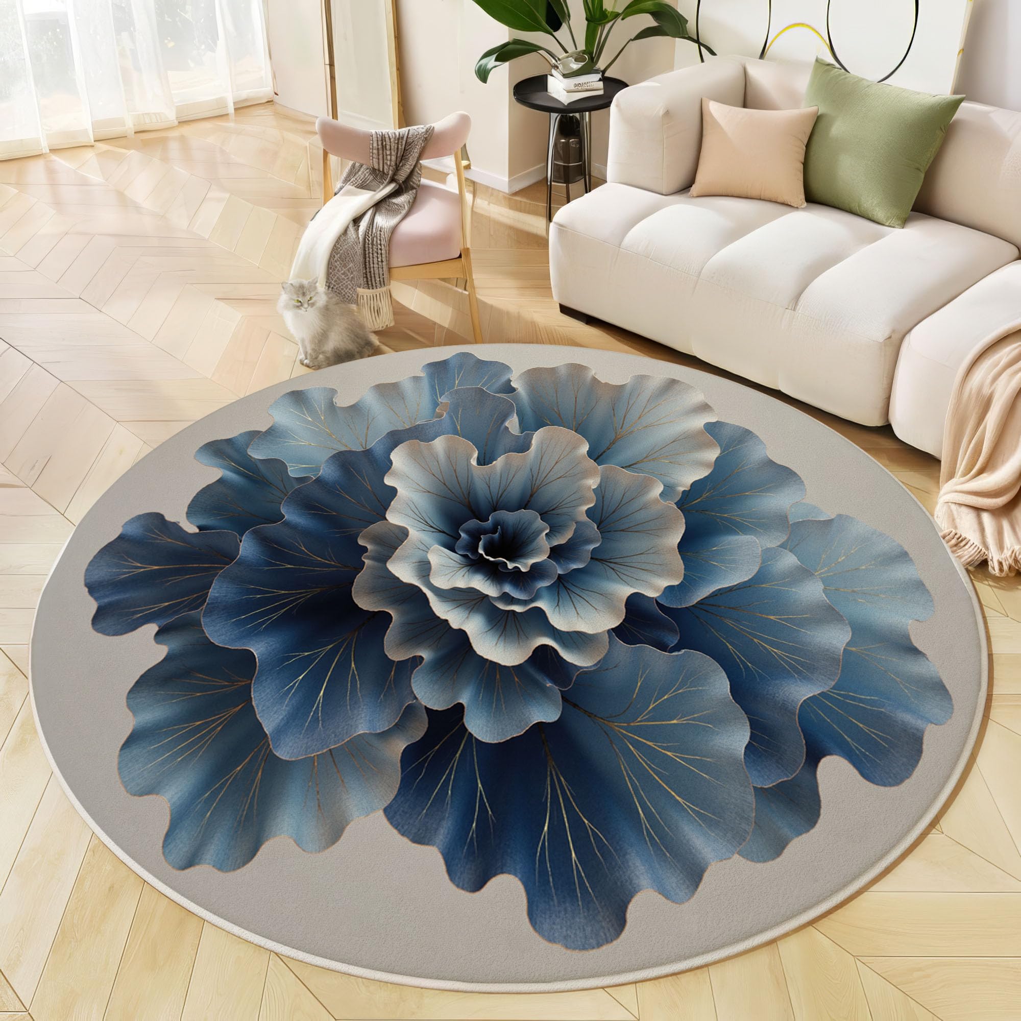 Tapis rond 3D aux finitions géométriques modernes bleu et gris