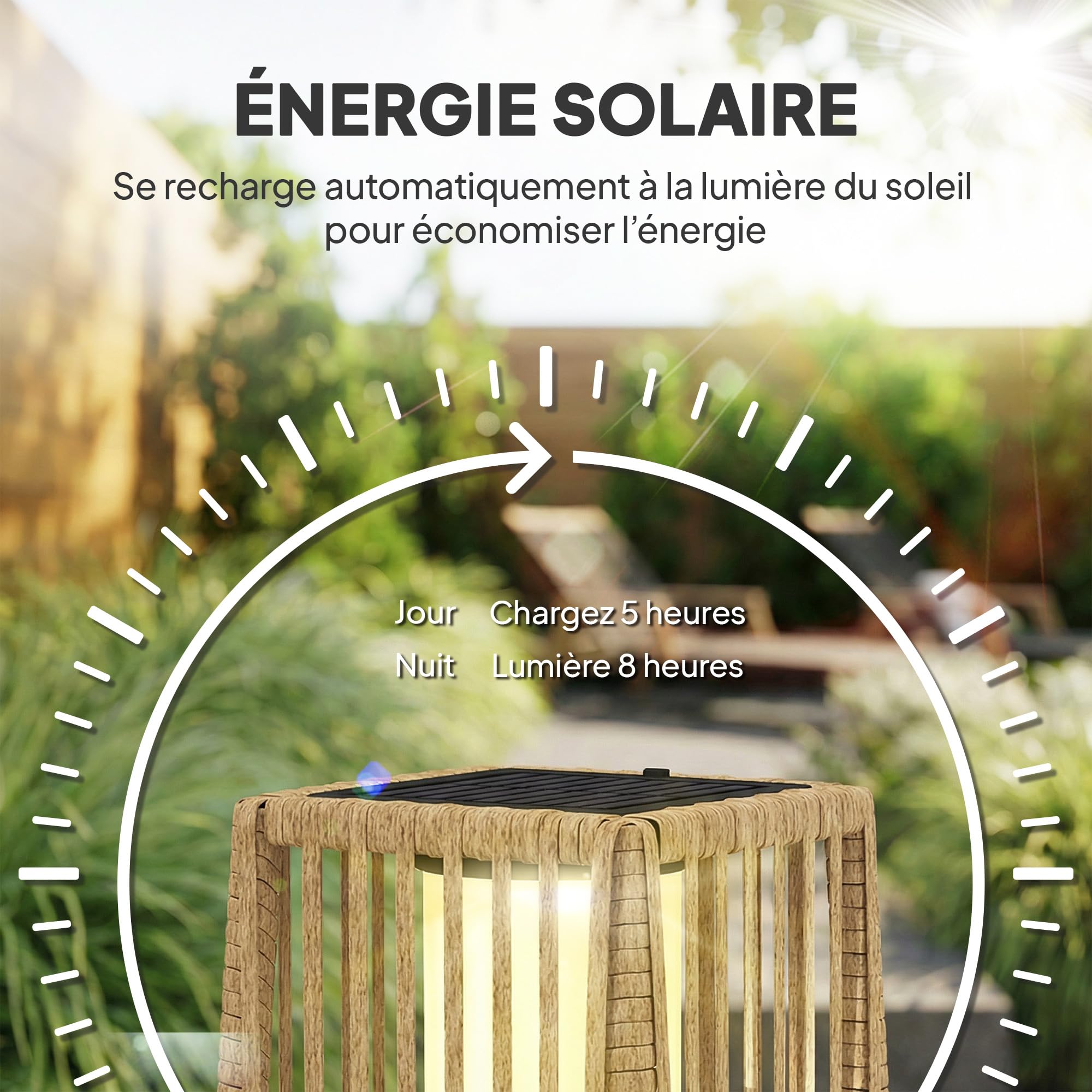 Outsunny Lanterne Solaire Extérieure en Résine Tressée, Lampadaire LED Rechargeable avec Capteur de Lumière pour Jardin