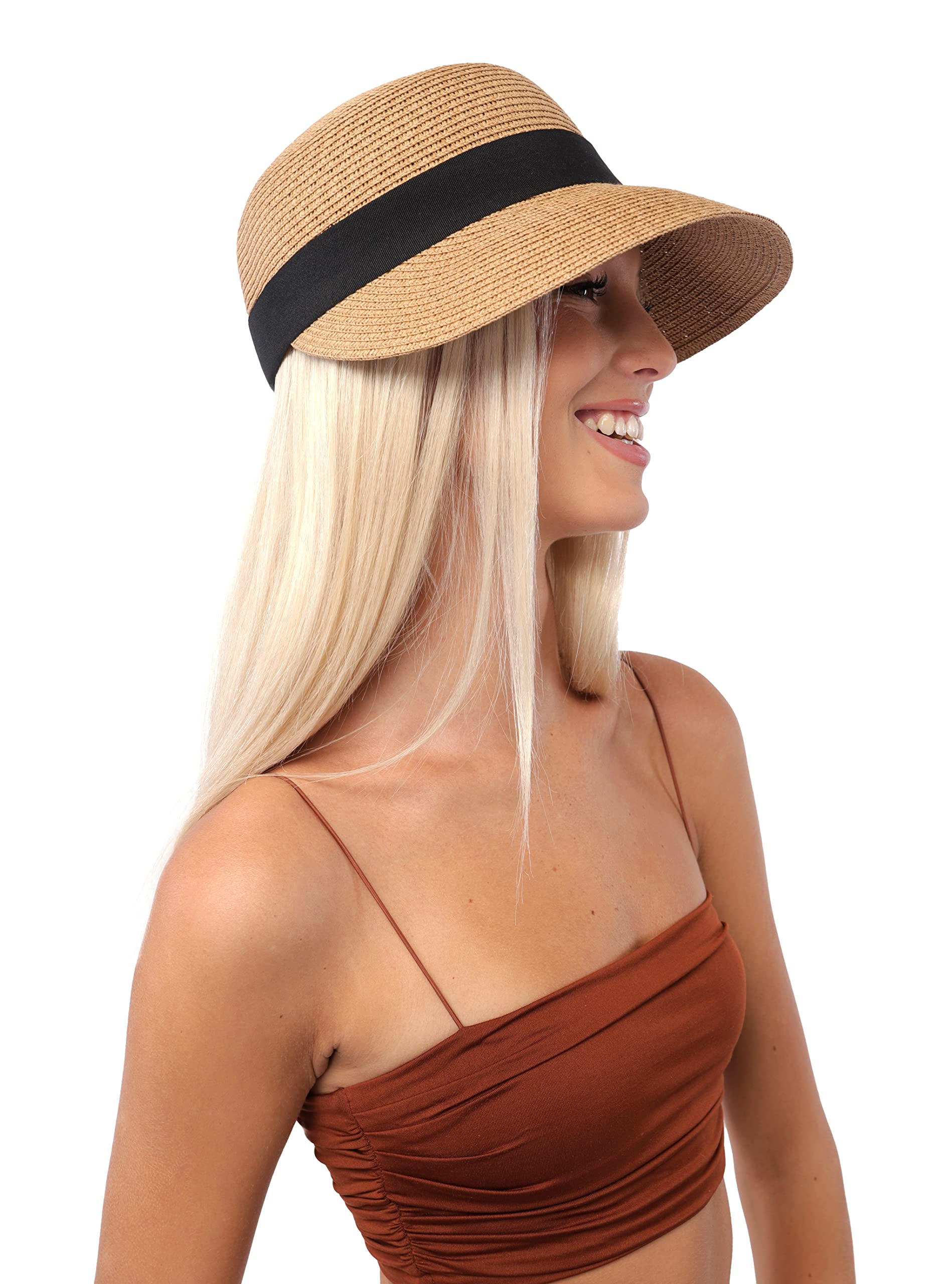 Sombrero Playa Mujer para Sol, Visera Mujer de Paja Papel para el Sol, Pamela Plegable con ala Ancha para Vacaciones y Viaje, Talla única