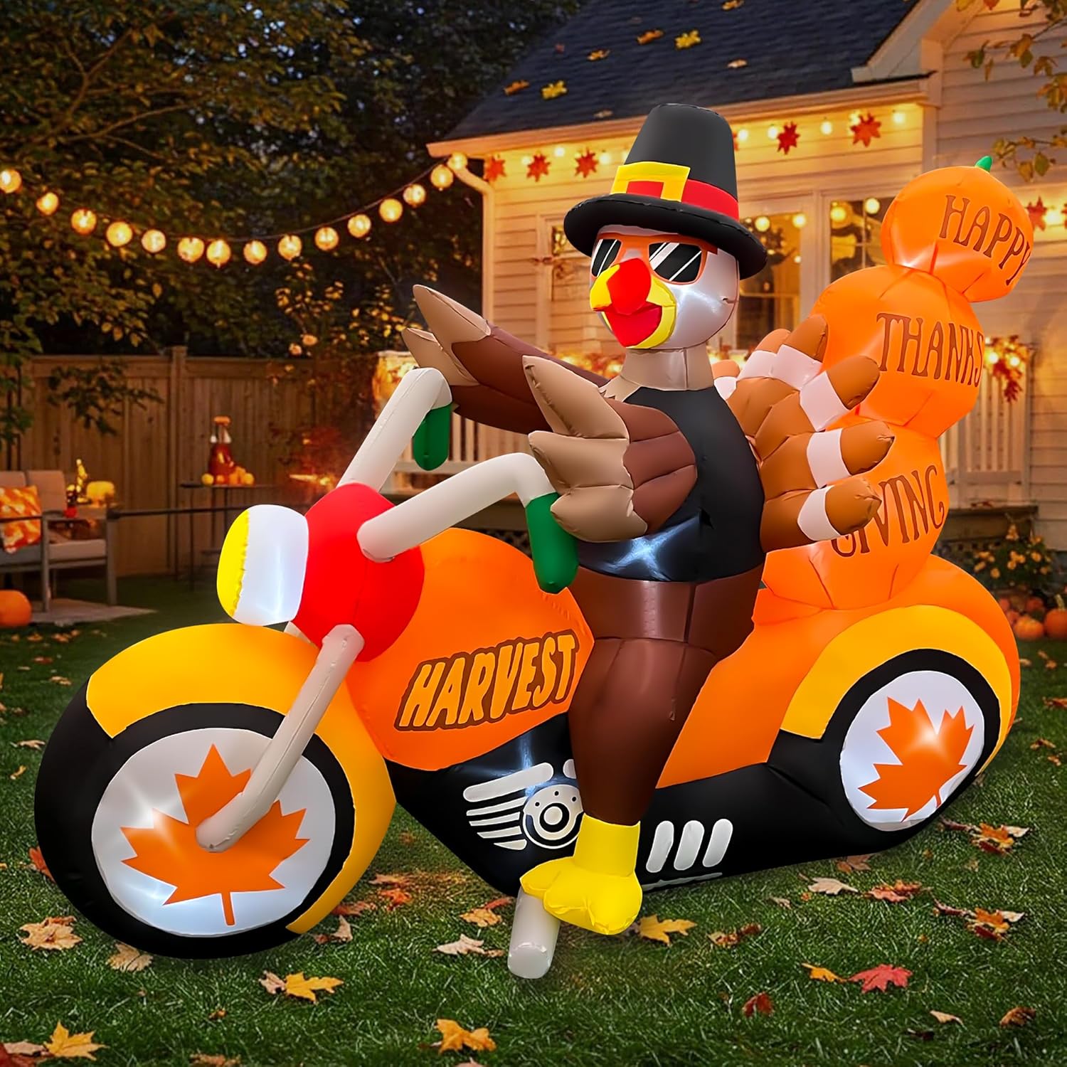 SEASONBLOW 6.5 FT Thanksgiving Inflatable Turkey Riding Motorcycle with Pumpkins Decoration, LED Light Up Thanksgiving Blow Up Turkey for Celebrate Autumns Fall Harvest Outdoor Garden Yard Decor