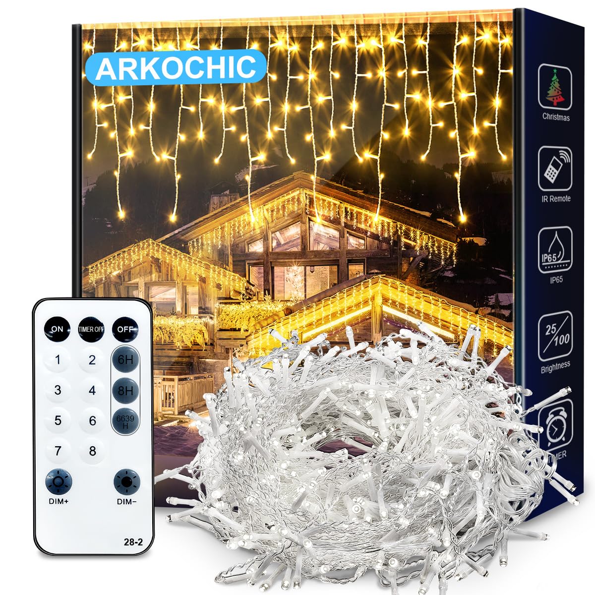 ARKOCHIC 10M Luci Natale Esterno Cascata, 320 LED Tenda Luminosa Natale Bianco Caldo Luminarie Natalizie da Esterno con 8 Modalità, Memoria, Luci Decorazioni Natalizie per Casa, Balcone, Finestra