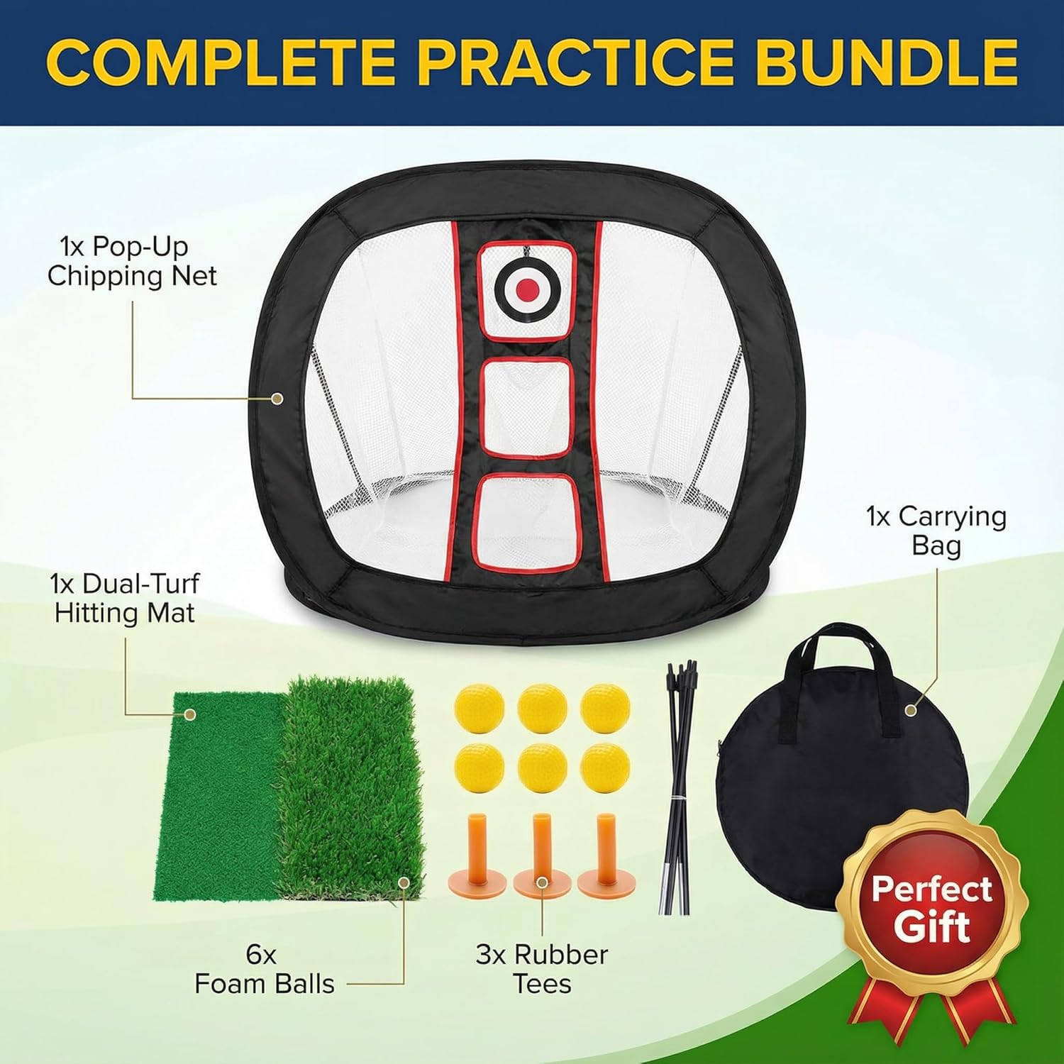 Golf Chipping Net Set with Dual-Turf Mat, 6 Balls & Tees - Pop Up Practice Net for Backyard Indoor Training, Portable 3-Target System, Golf Gifts for Men & Kids