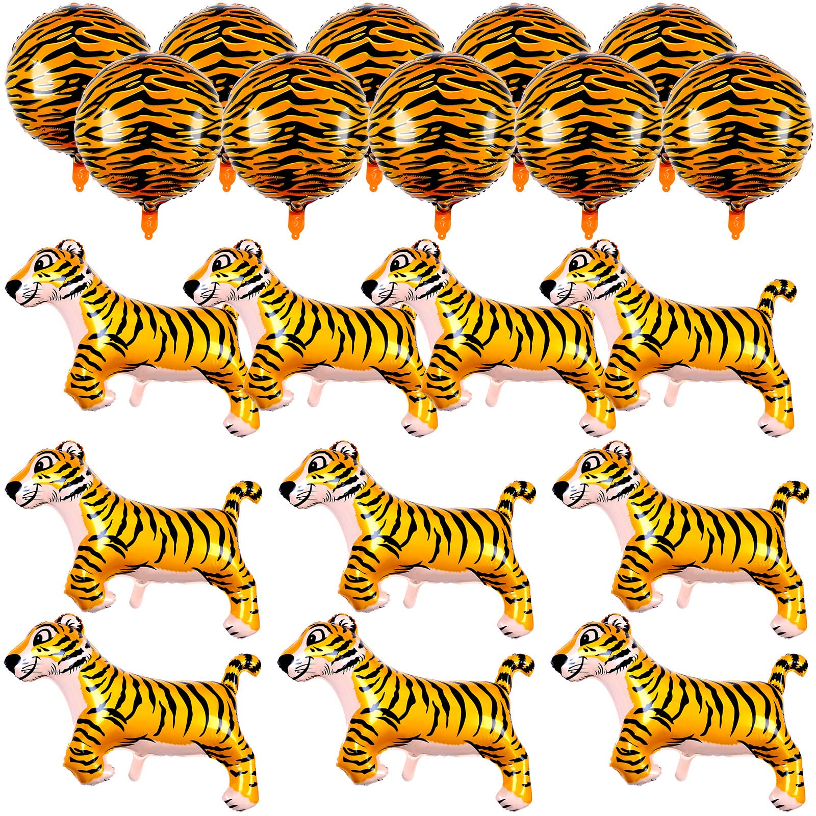 LUOFUR 20 Pcs Jumbo Tiger Balloons - 18 inch Tiger Stripe Sphere Foil Balloons 40 Inch Jumbo Tiger Shaped Foil Balloons Inflatable Safari Jungle Animal Party Balloons for Birthday Party Decoration