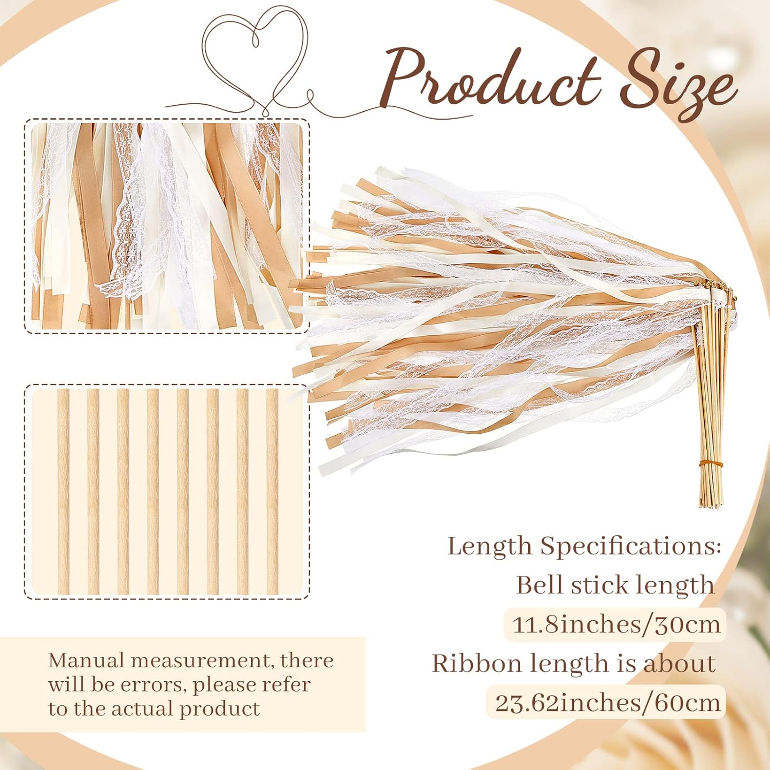 Taiyin 150 Pcs Lace Ribbon Stick Wands Wedding Wand Streamers with Bell Wedding Send Off Streamer(Champagne, Beige)