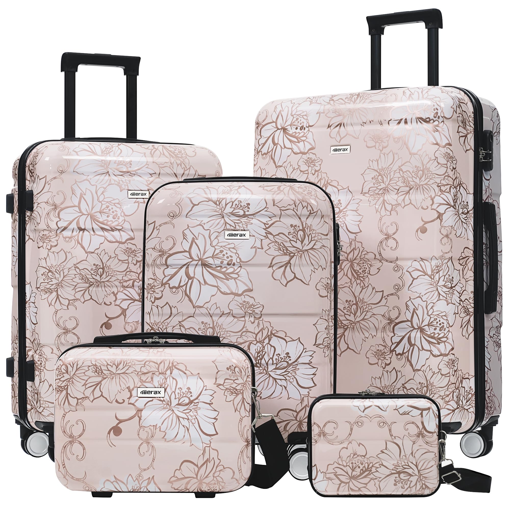 Merax 5 Piece Luggage Set with Spinner Wheels, Lightweight Printing Suitcase Set 8/14/20/24/28 inches, Durable Carry on Luggage with Handbag and
