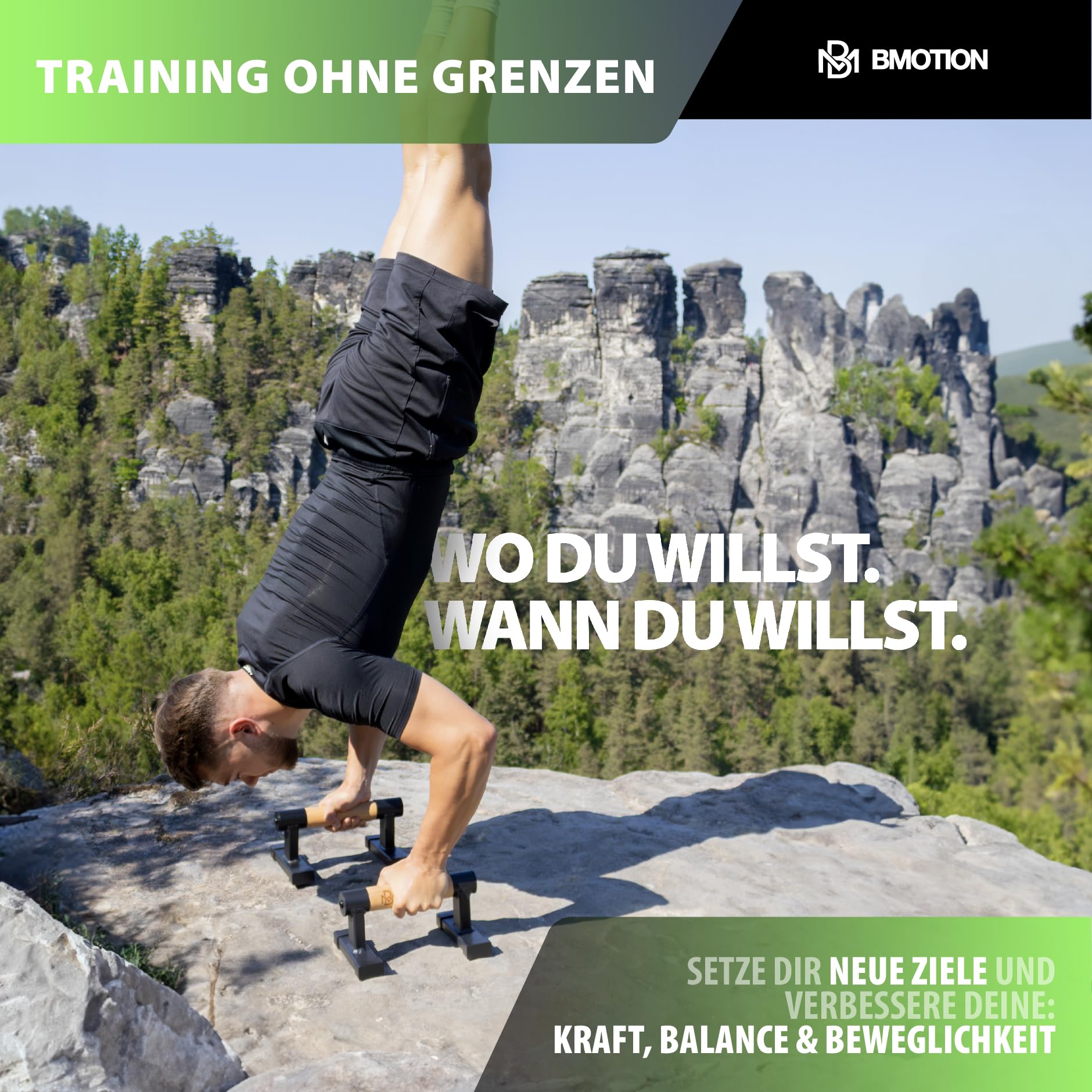 Müller & Blum Premium low Parallettes Holz inkl. Handgelenksbandagen, nachhaltige & rutschfeste Liegestützgriffe, ideal für Liegestütze & Handstand, Push Up Bar, Calisthenics Equipment