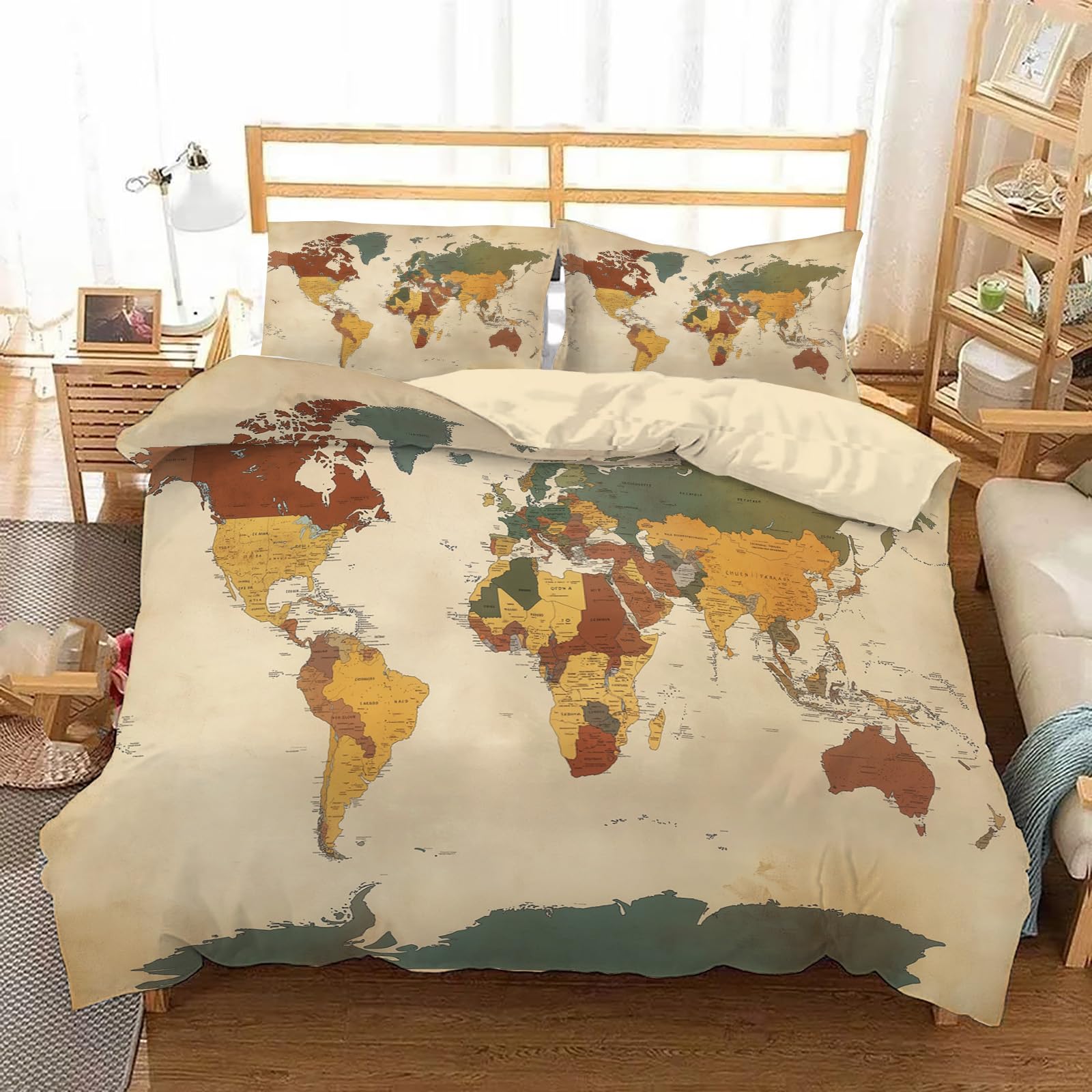 Housse de couette carte du monde pour chambre d'explorateur rétro