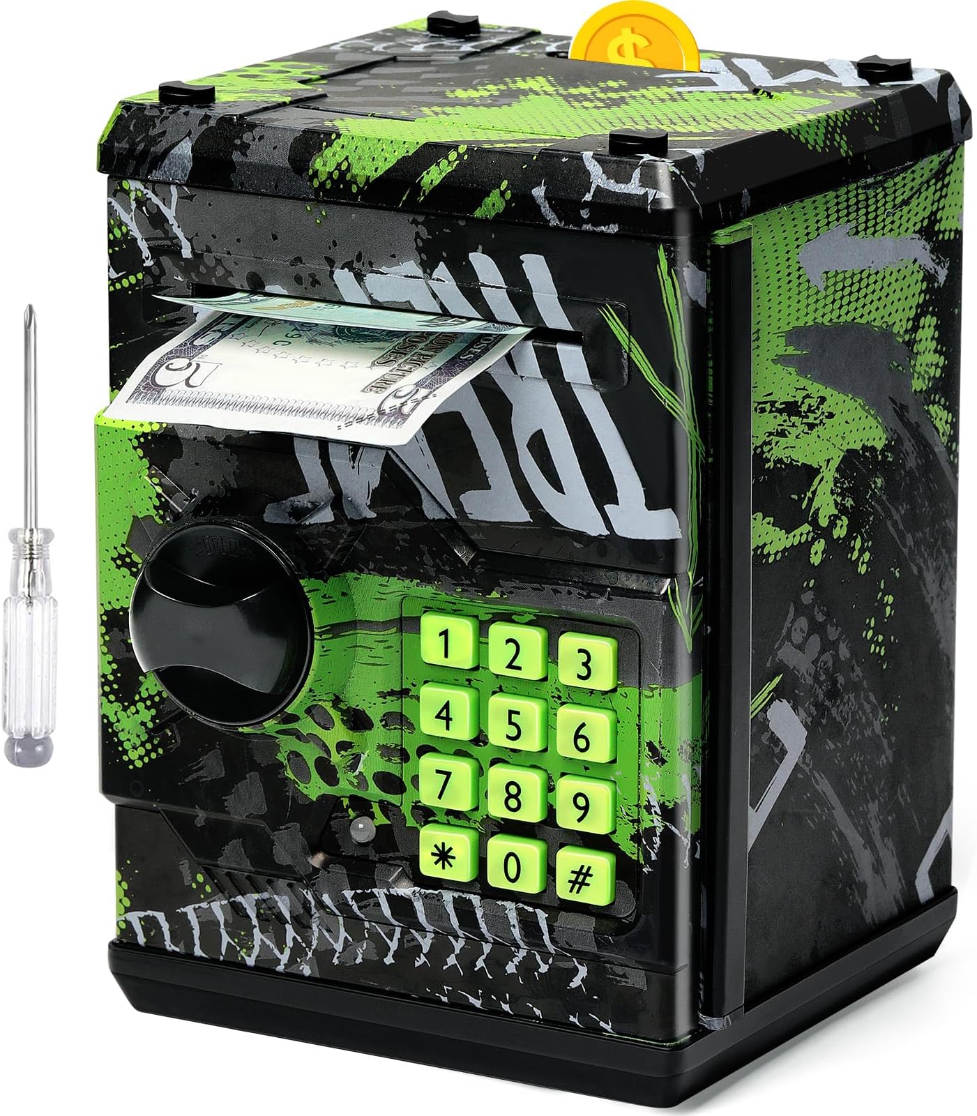 ATM Piggy Bank for Boys Girls, Vcertcpl Mini ATM Coin Bank Money Saving Box with Password, Kids Safe Money Jar for Adults with Auto Grab Bill Slot, Great Gift Toy Bank for Kids (Large, TY-GreenGray)