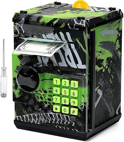 ATM Piggy Bank for Boys Girls, Vcertcpl Mini ATM Coin Bank Money Saving Box with Password, Kids Safe Money Jar for Adults with Auto Grab Bill Slot, Great Gift Toy Bank for Kids