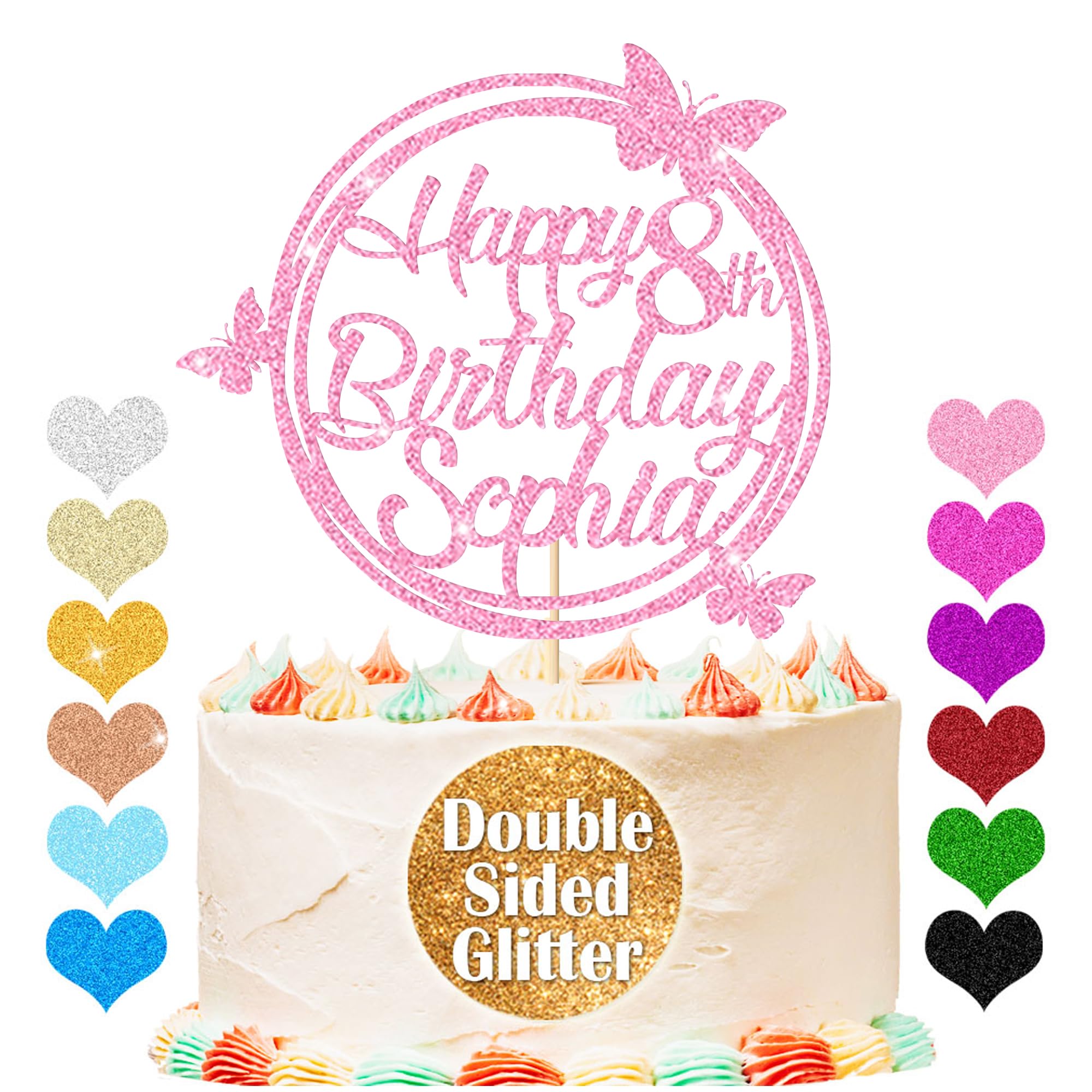 Personalised Happy Birthday Glitter Cake Topper, Custom Cake Topper Any Name & Age, Round Butterfly Cake Toppers, Birthday Party Cake Decorations for 18th 30th 40th 50th 60th 70th (Baby Pink)