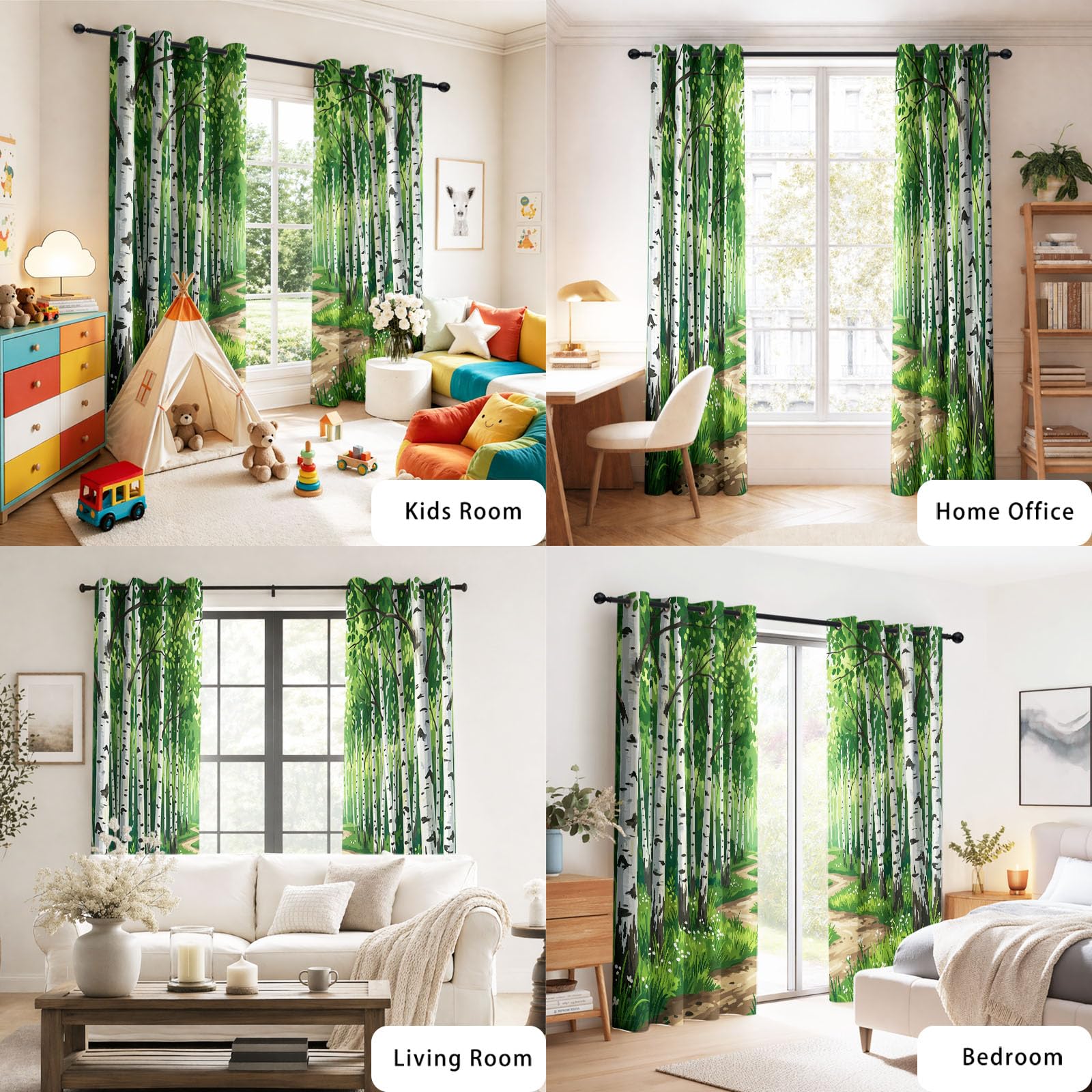 Générique Rideau Occultant Naturel Frais 135 x 245 CM, Forêt Bouleau Rideaux et Draperies pour Enfants Filles Chambre Salon Rideaux de Fenêtre Thermiques Isolants