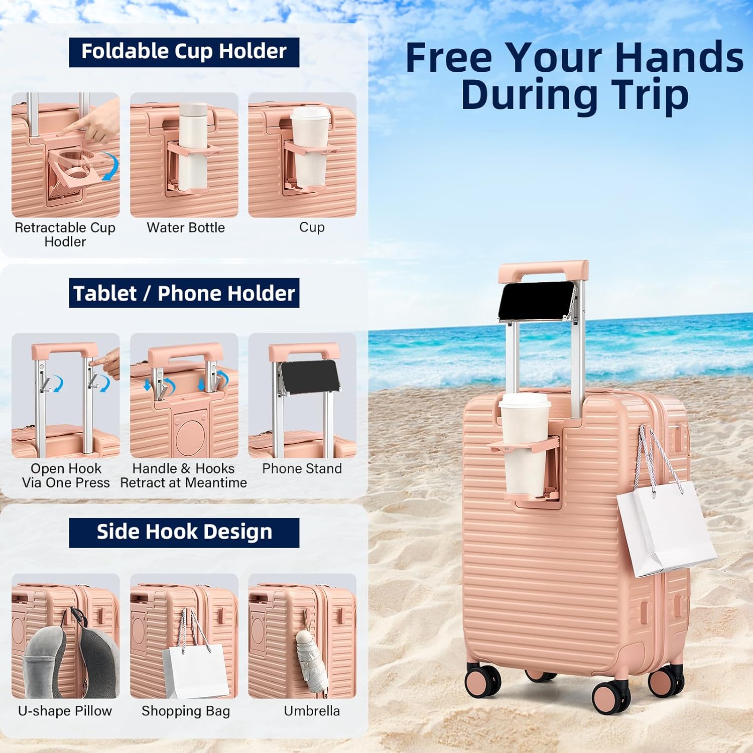 20 Inch Carry on Luggage 22x14x9 Airline Approved Hard Shell Suitcases with Wheels, Top Opening Expandable Carry on Luggage with Cup Holder Small Rolling Suitcase with Lock, Pink - Image 3