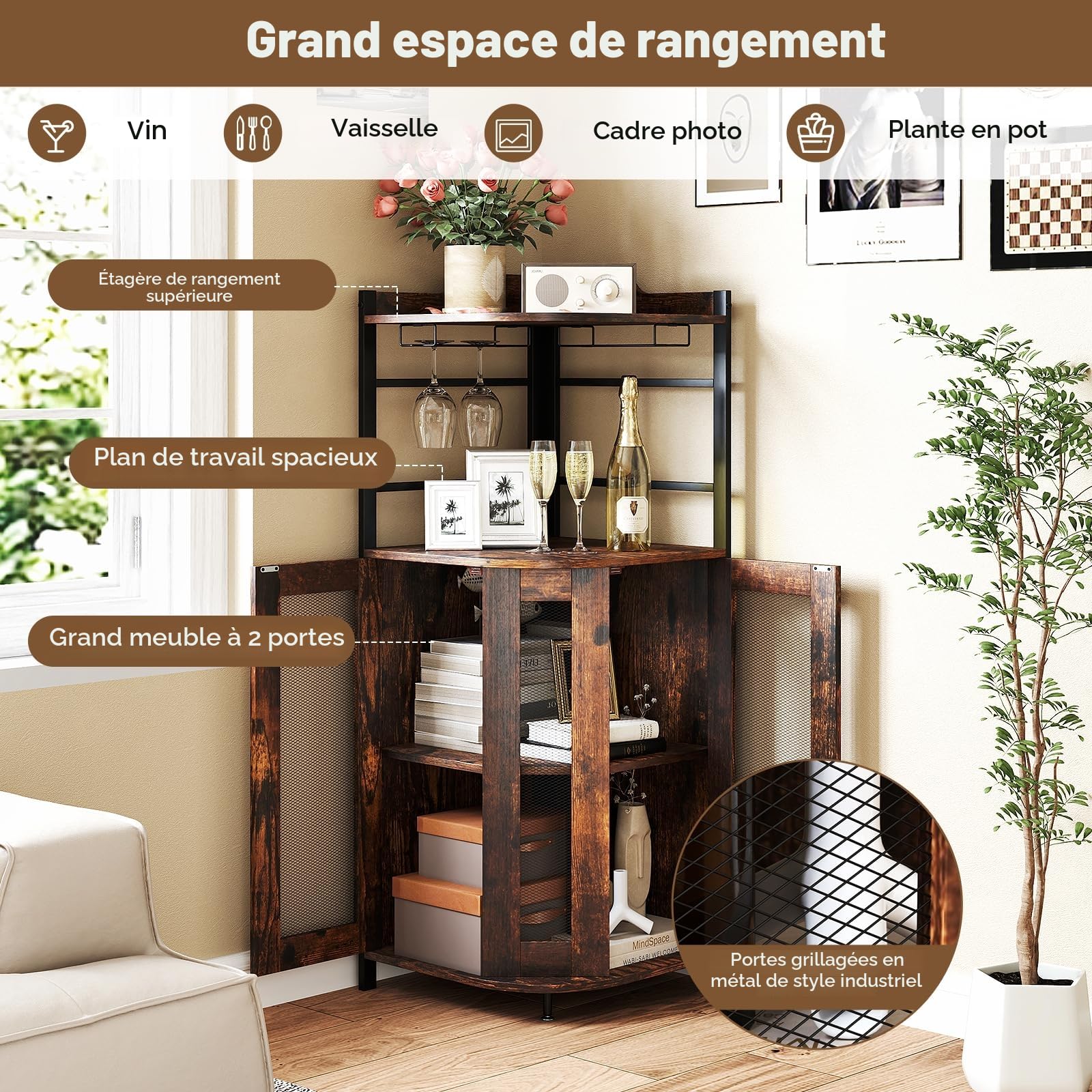 GIANTEX Armoire à Vin Angle avec Etagère Réglable, Armoire de Bar avec Portes en Treillis Métallique, Buffet Cuisine Angle, Kit Anti-Basculement, Industriel, 47,5 x 47,5 x 130 CM