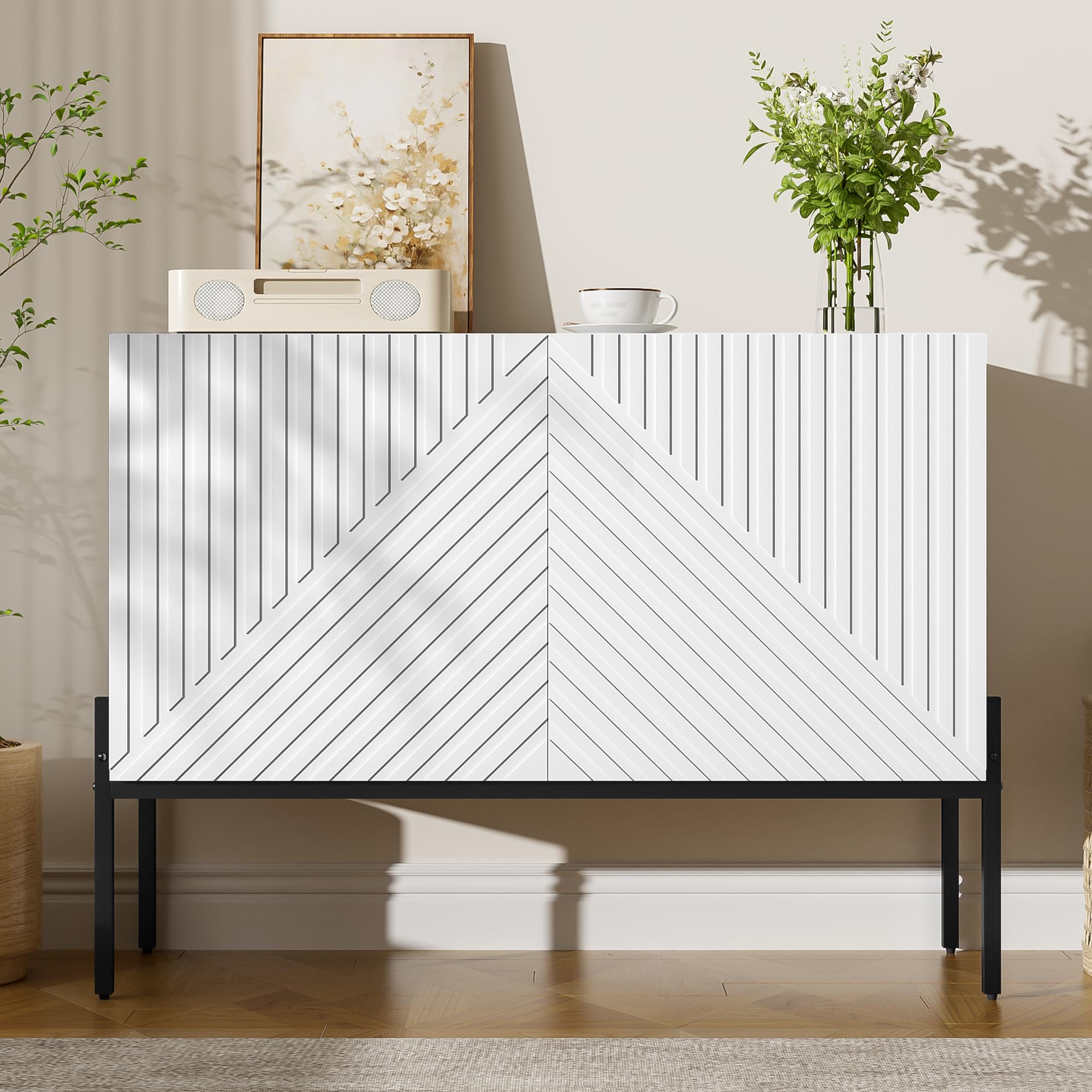 Merax small Sideboard Cabinet Cupboard with 2 doors, Sideboards for Living Room, Kitchen, and Hallway, with elegant Fluted texture, 25cm raised legs, metal legs, 100 x 40 x 75 cm/white