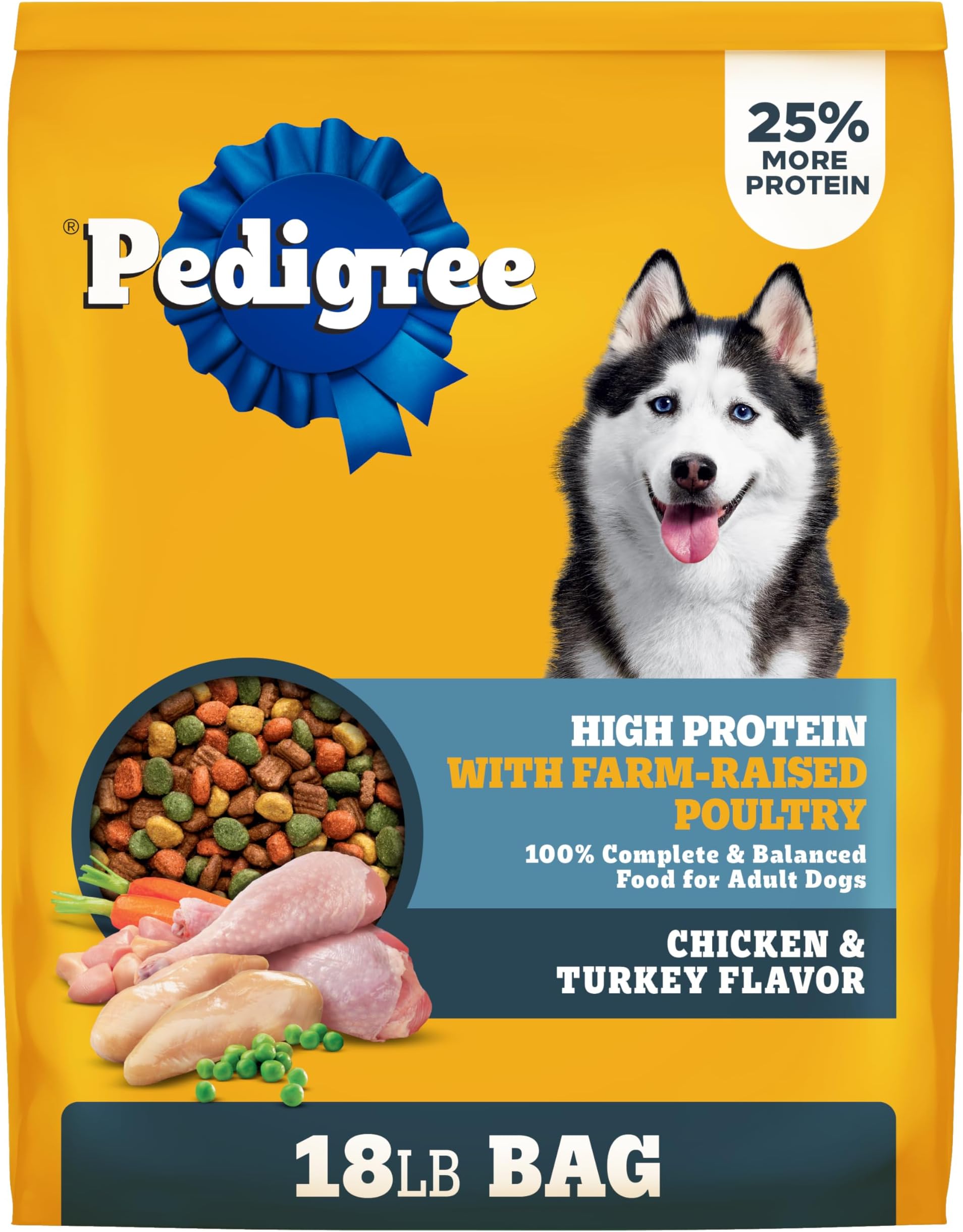 Pedigree Dry Dog Food for Adult Dogs, High Protein, Turkey and Chicken Flavor, 18 lb. Bag