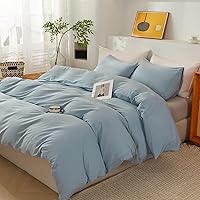 Vista 8 de ECOCOTT Juego de funda de edredón color azul neblina tamaño Queen, 3 piezas, 100% algodón lavado, 1 funda de edredón con cremallera y 2 fundas
