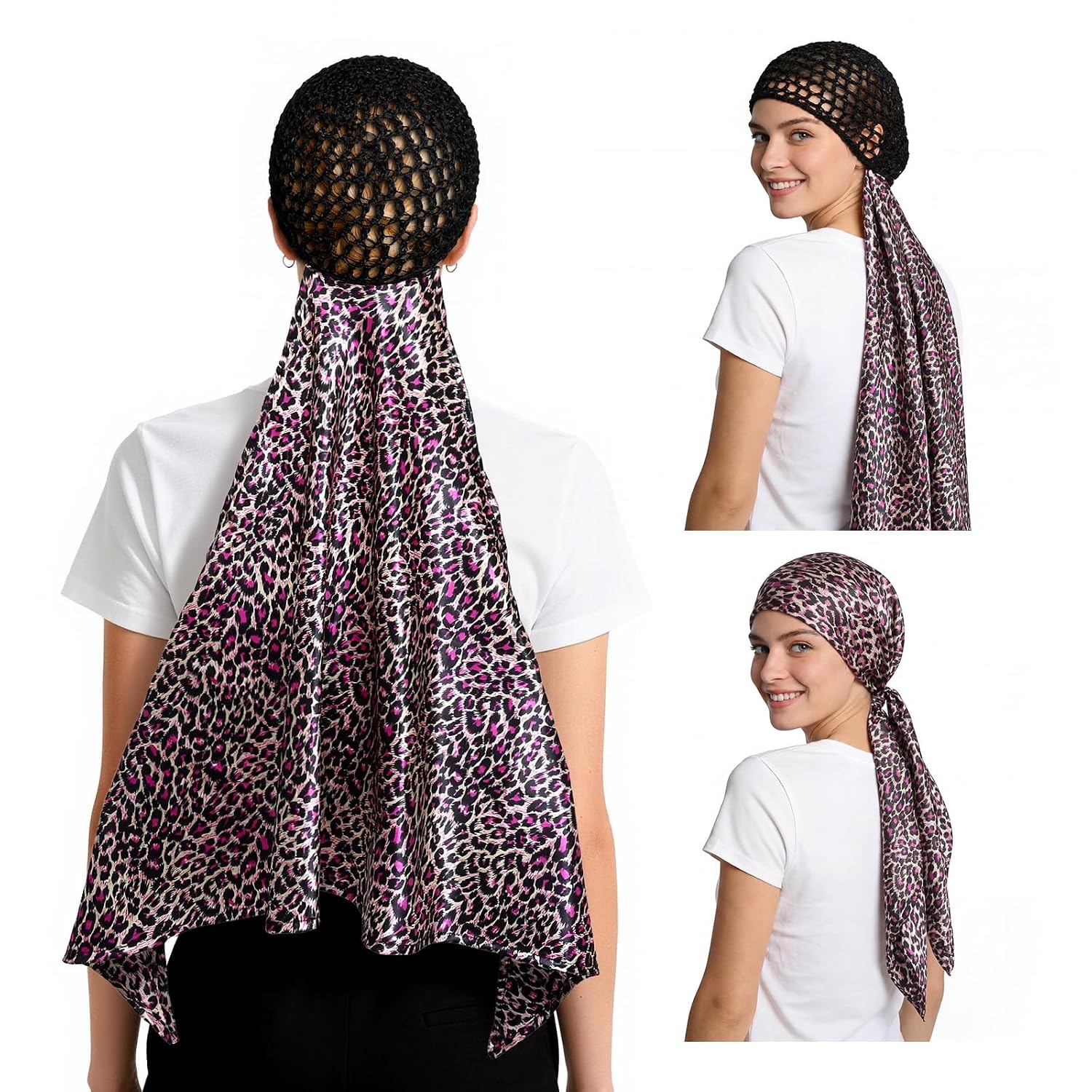 Wrap Cap Hair Net And Scarf, 2 In 1 Heatless Silk Press Wrap, Adjustable Silk Shower Cap For Sleeping, Hair Wraps Net For Women Black Hair Care, Wraps Cap Bonnet Attached,Durag (Pink leopard)