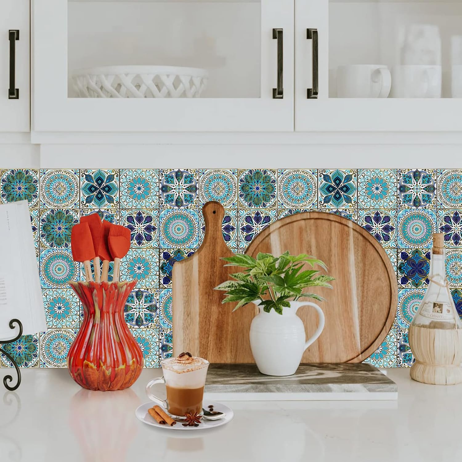24Pcs Peel and Stick Tile Stickers, 4x4 Bathroom & Kitchen Backsplash Tile Decals Waterproof Self-Adhesive Square Vinyl Wall Decals Mandala Style Wall Decor (Best When adhered to Tiles